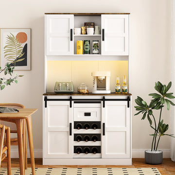 Farmhouse Bar Cabinet With Sliding Barn Door, Large Kitchen Buffetrustic Coffee Bar Sideboard Table,White White Mdf