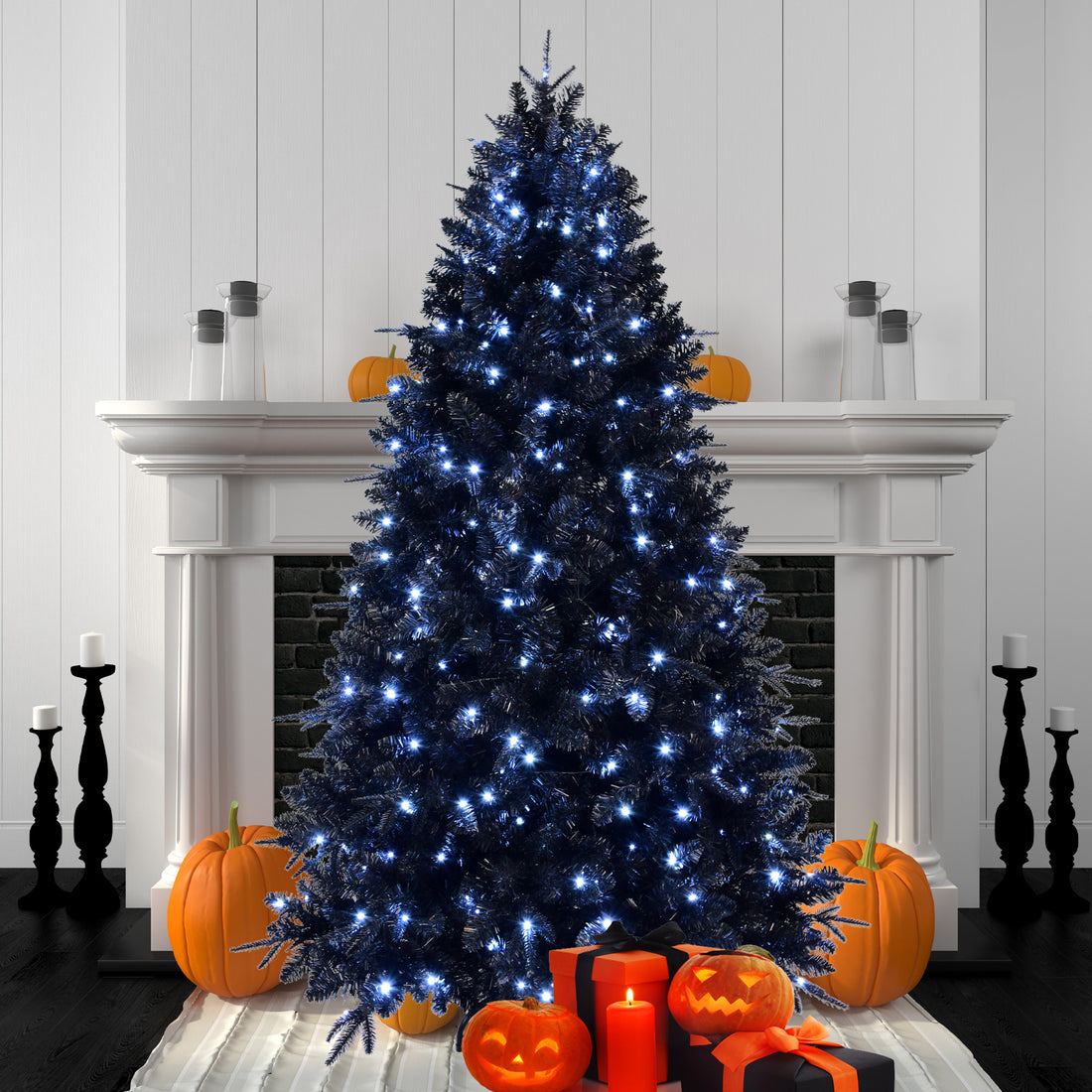 9Ft Pre Lit Black Christmas Tree, Full Halloween Xmas Artificial Tree 3176 Branch Tips, 750 Lights, Metal Hinges, Foldable Base, Holiday Decoration Black Black Polyethylene