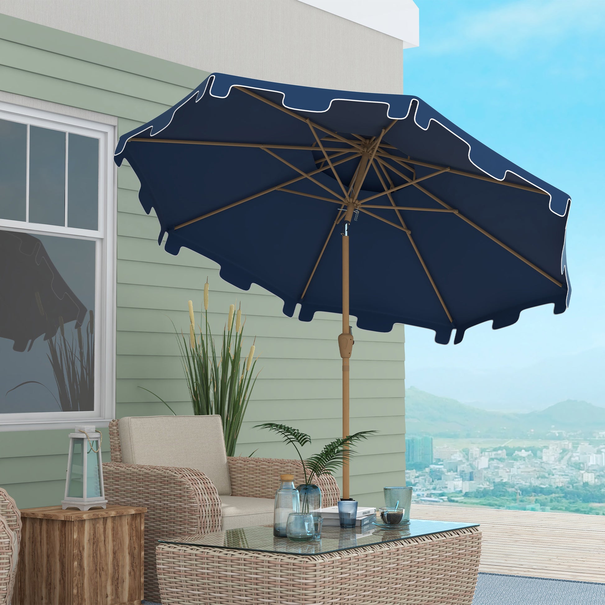 Outsunny 9' Patio Umbrella With Push Button Tilt And Crank, Double Top Ruffled Outdoor Market Table Umbrella With 8 Ribs, For Garden, Deck, Pool, Dark Blue Dark Blue Polyester