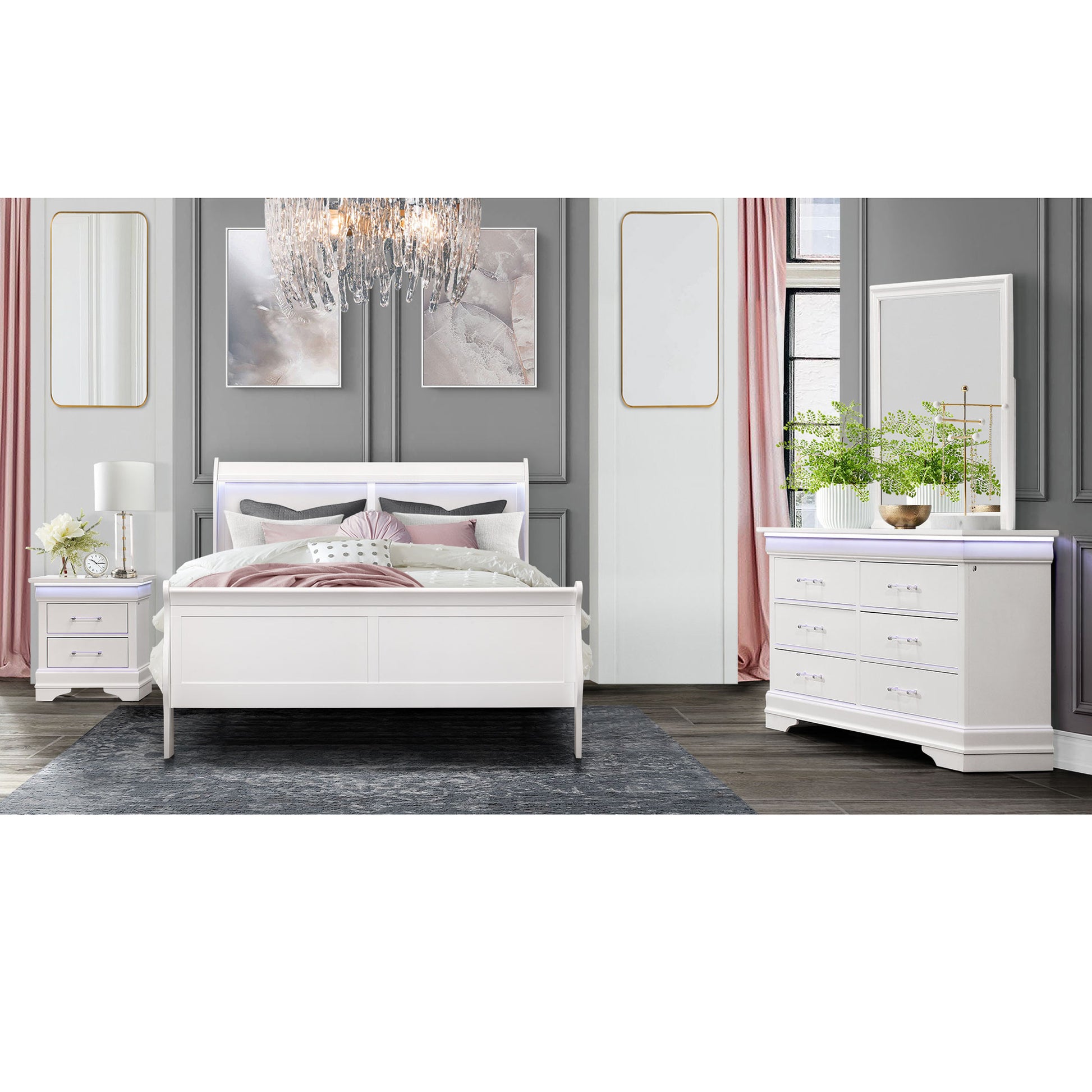 Charlston White Full Bed With Led White Solid Wood Mdf