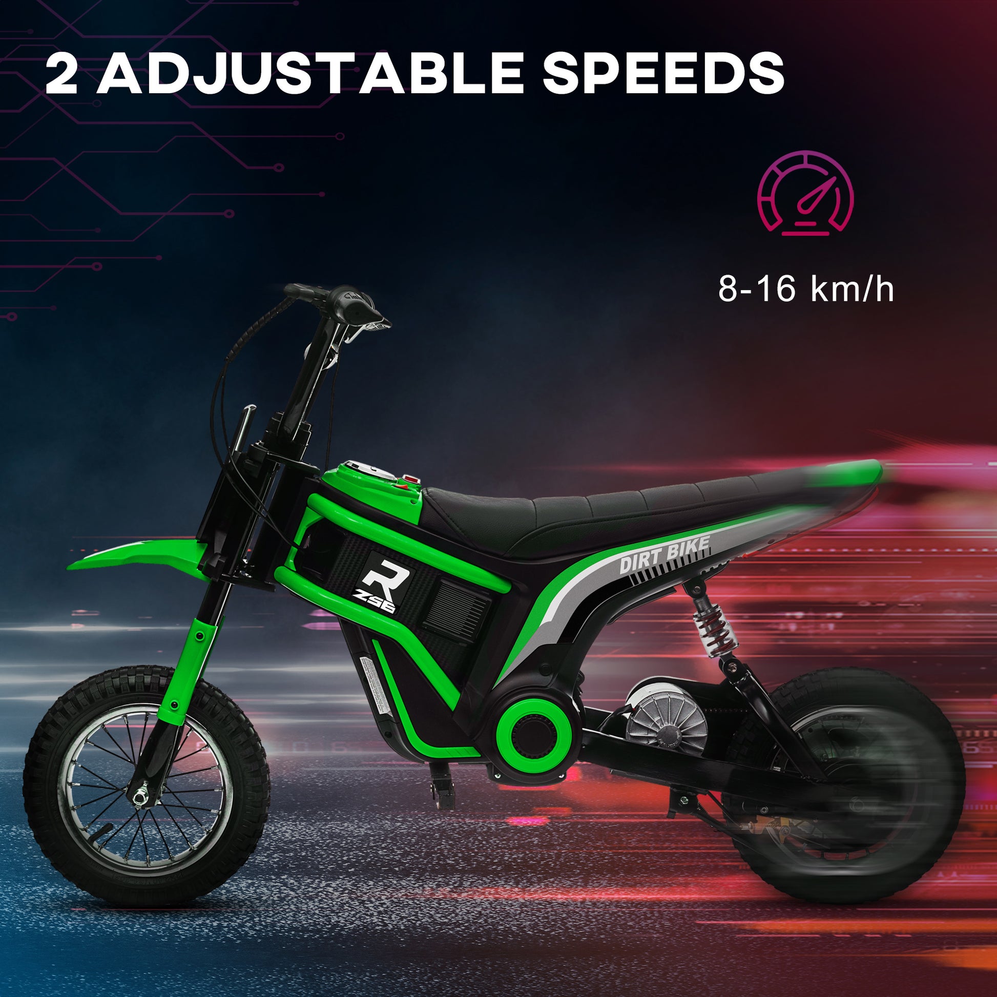 Aosom Electric Dirt Bike With Twist Grip Throttle, 24V 350W Off Road Electric Motorcycle, Up To 15 Mph With Brake, Music Horn, Rear Suspension For Ages 13 Years, Green Green Plastic