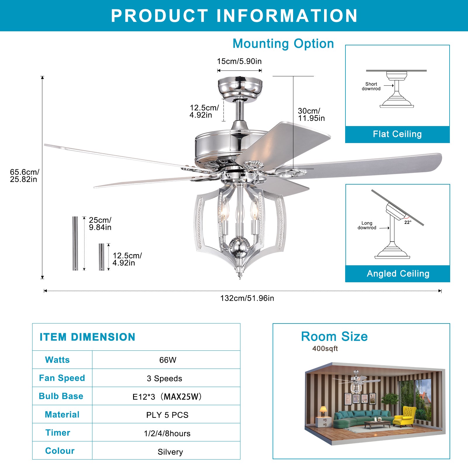 Ceiling Fans With Lights No Include Bulb And Remote 52 Inch Bedroom Ceiling Fan With Light Crystal Chandelier Fans, Reversible Motor, Timer, Polished Chrome Chrome American Design,Contemporary,Luxury,Vintage Crystal Iron