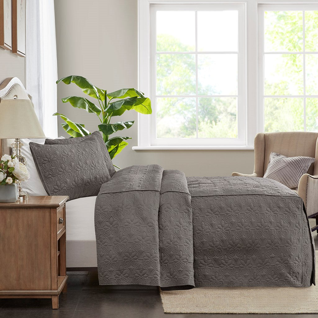 3 Piece Split Corner Pleated Quilted Bedspread Dark Grey Queen Dark Grey Polyester