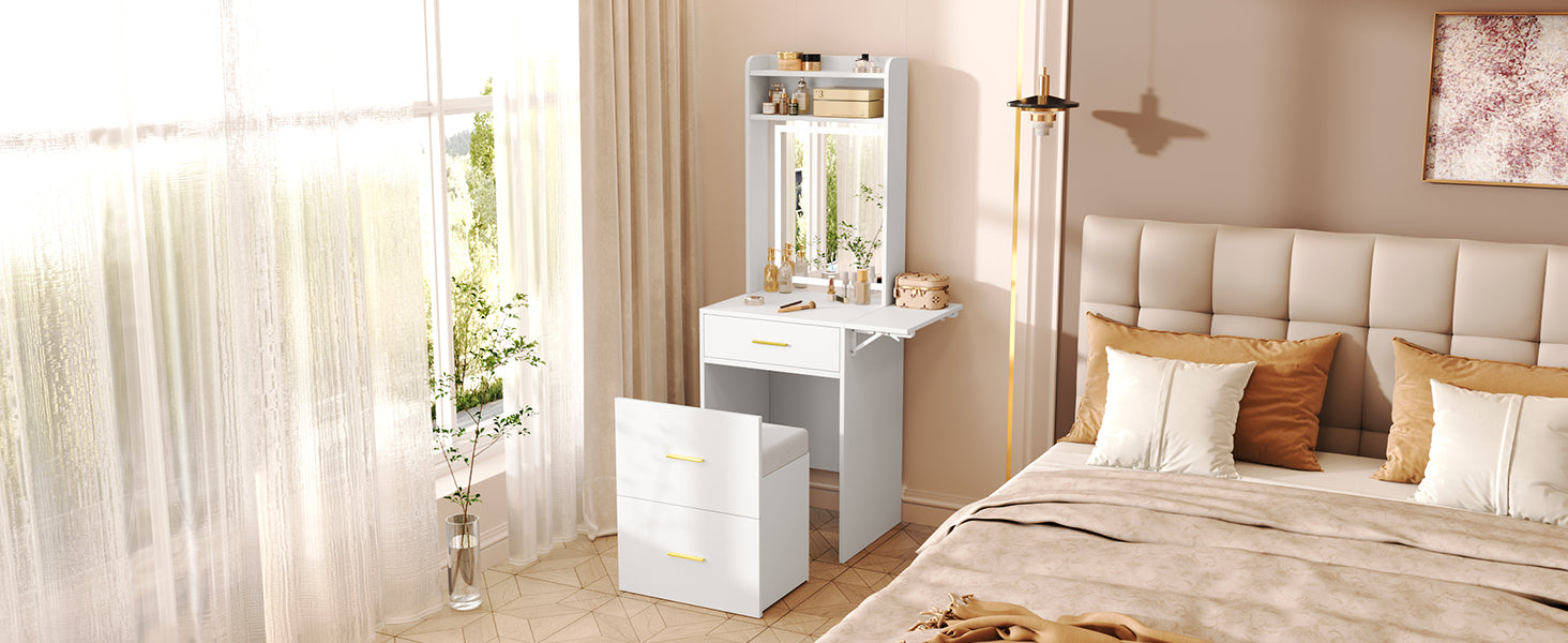 Small Vanity Desk With Mirror And Light, Dressing Table With Charging Station & Fold Up Panel For Small Space, Compact Makeup Vanity Set With Hidden Stool For Bedroom, White White Mdf,Tempered Glass