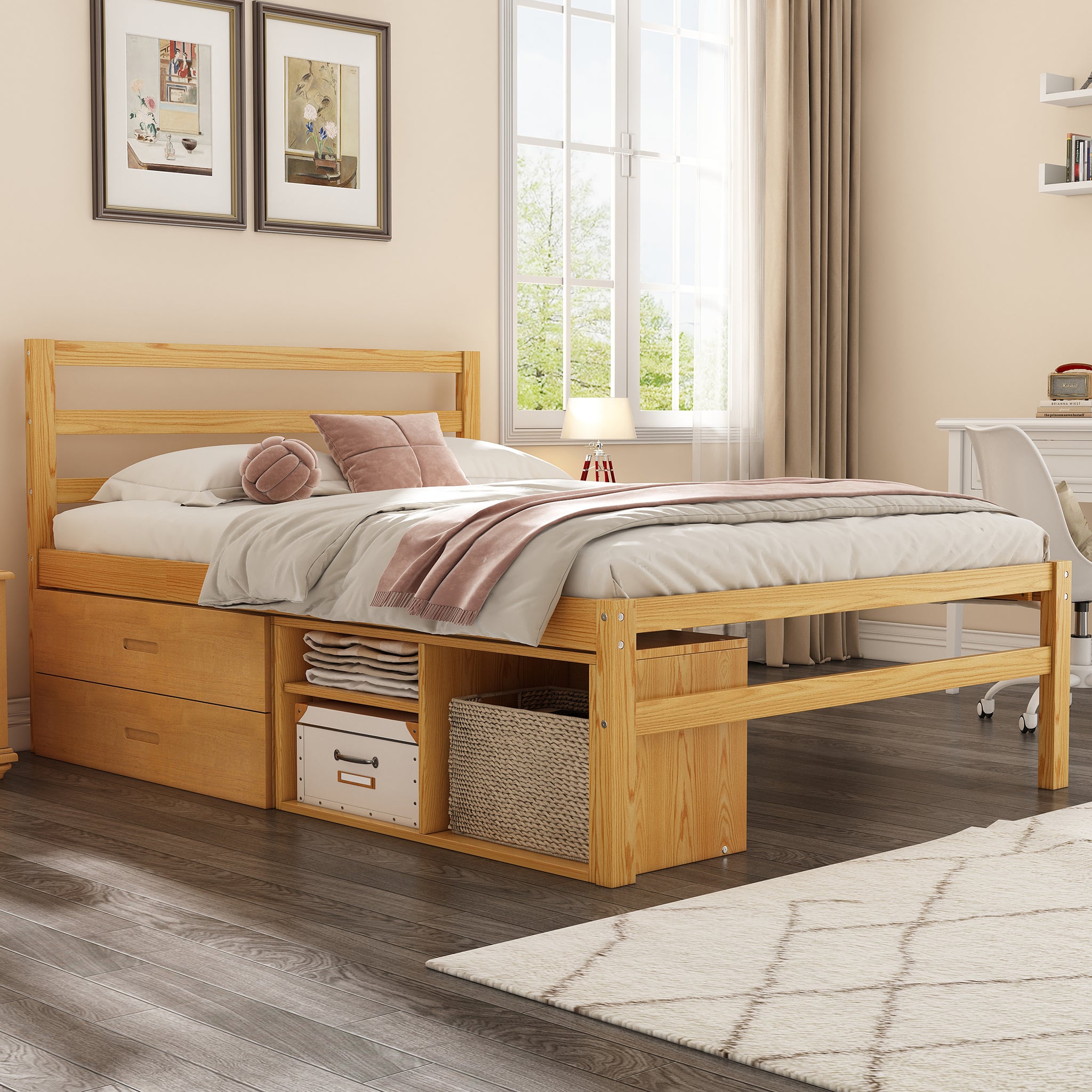 Full Size Wood Platform Bed With Removable Storage Shelves, Built In Two Storage Drawers For Added Convenience, Natural Full Natural Wood