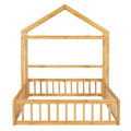 Wooden Floor Bed With Fence Railings And Detachable House Shape Headboard,Full Size Bed With Kids Dress Up Rack, Kids Montessori Style Playhouse Frame For Girls Boys, Natural Full Natural Wood