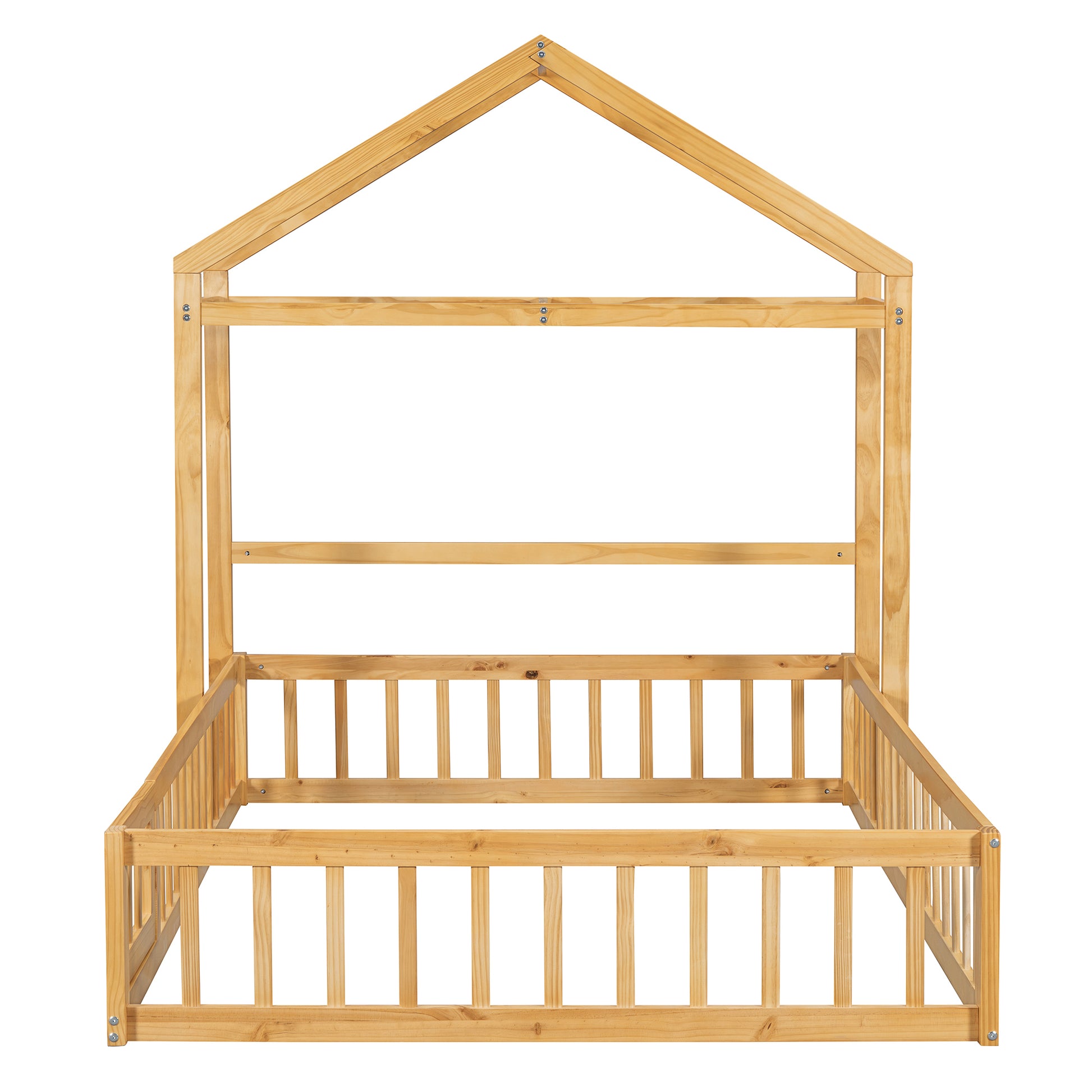 Wooden Floor Bed With Fence Railings And Detachable House Shape Headboard,Full Size Bed With Kids Dress Up Rack, Kids Montessori Style Playhouse Frame For Girls Boys, Natural Full Natural Wood