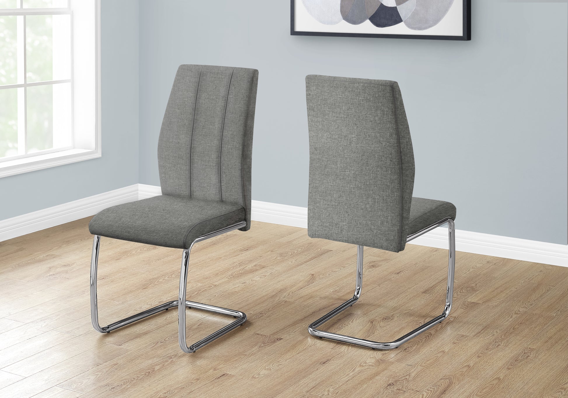 Dining Chair, Set Of 2, Side, Upholstered, Kitchen, Dining Room, 39" Height, Grey Fabric, Chrome Metal, Contemporary, Modern Grey Foam Polyester