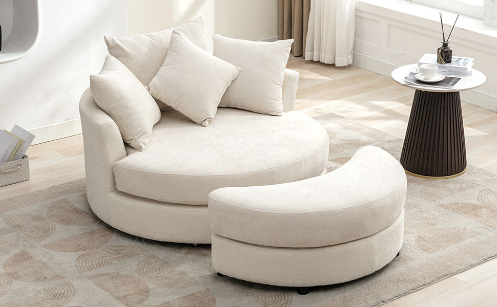 Orisfur. 360 Swivel Accent Barrel Chair With Storage Ottoman & 4 Pillows, Modern Chenille Leisure Chair Round Accent For Living Room, Cream Cream Foam Chenille