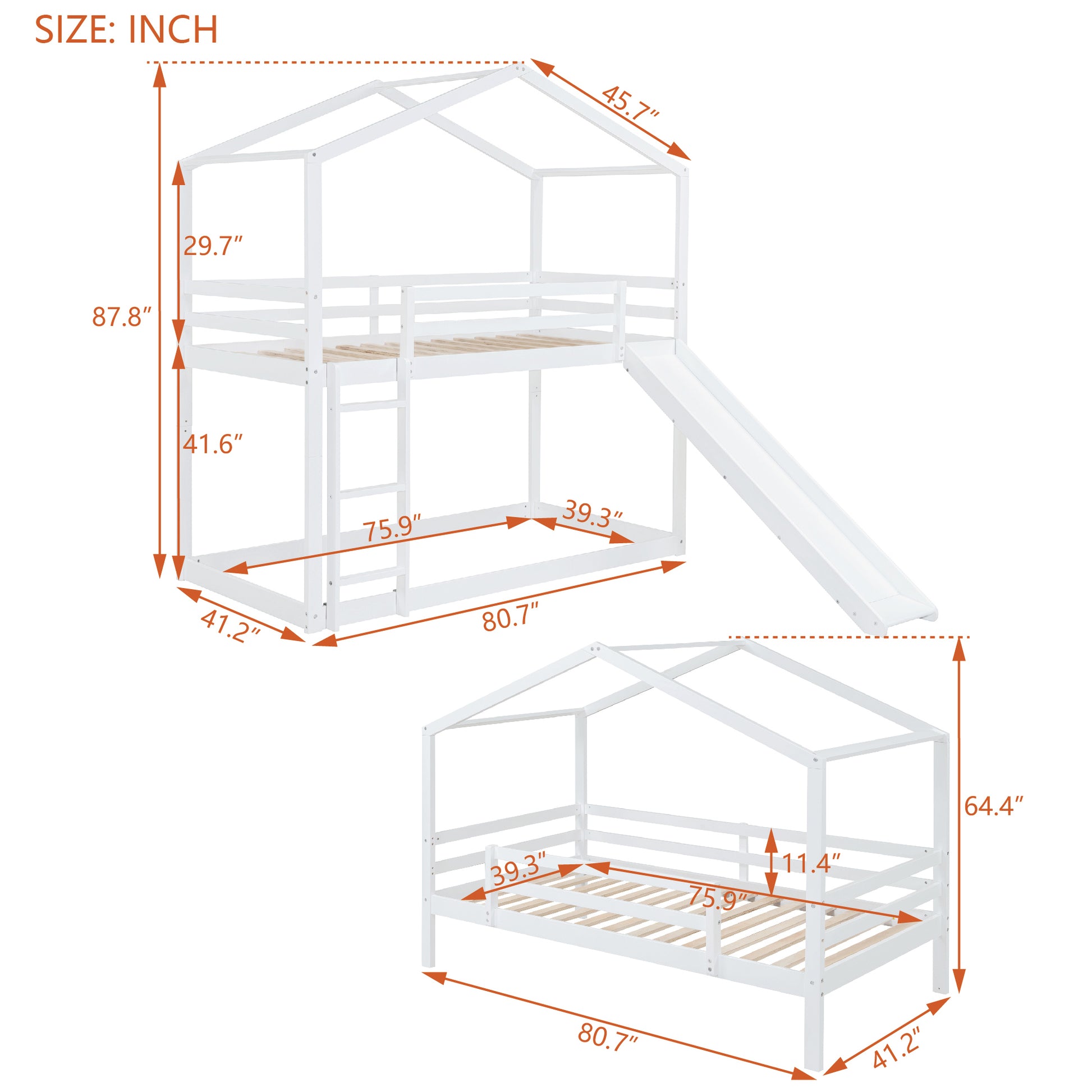 Twin Over Twin Bunk Bed With Roof, Slide And Ladder, White Twin White Solid Wood