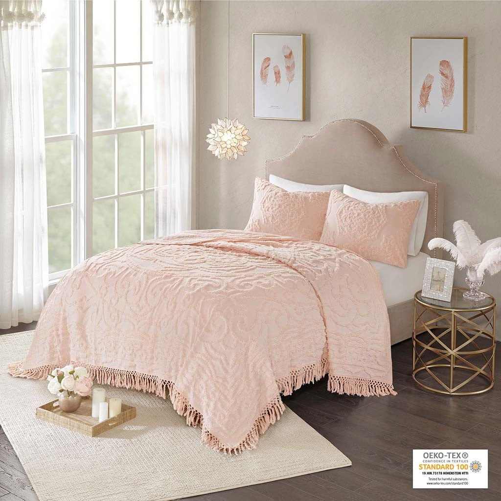 Tufted Cotton Chenille Medallion Fringe Coverlet Mini Set Blush Full Queen Full Blush Cotton