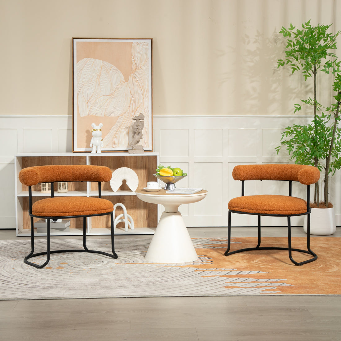 Coolmore Boucle Dining Chairs Set Of 2, Mid Century Modern Curved Backrest Chair, Round Upholstered Kitchen Chairs Orange Boucle Orange Foam Mdf Metal