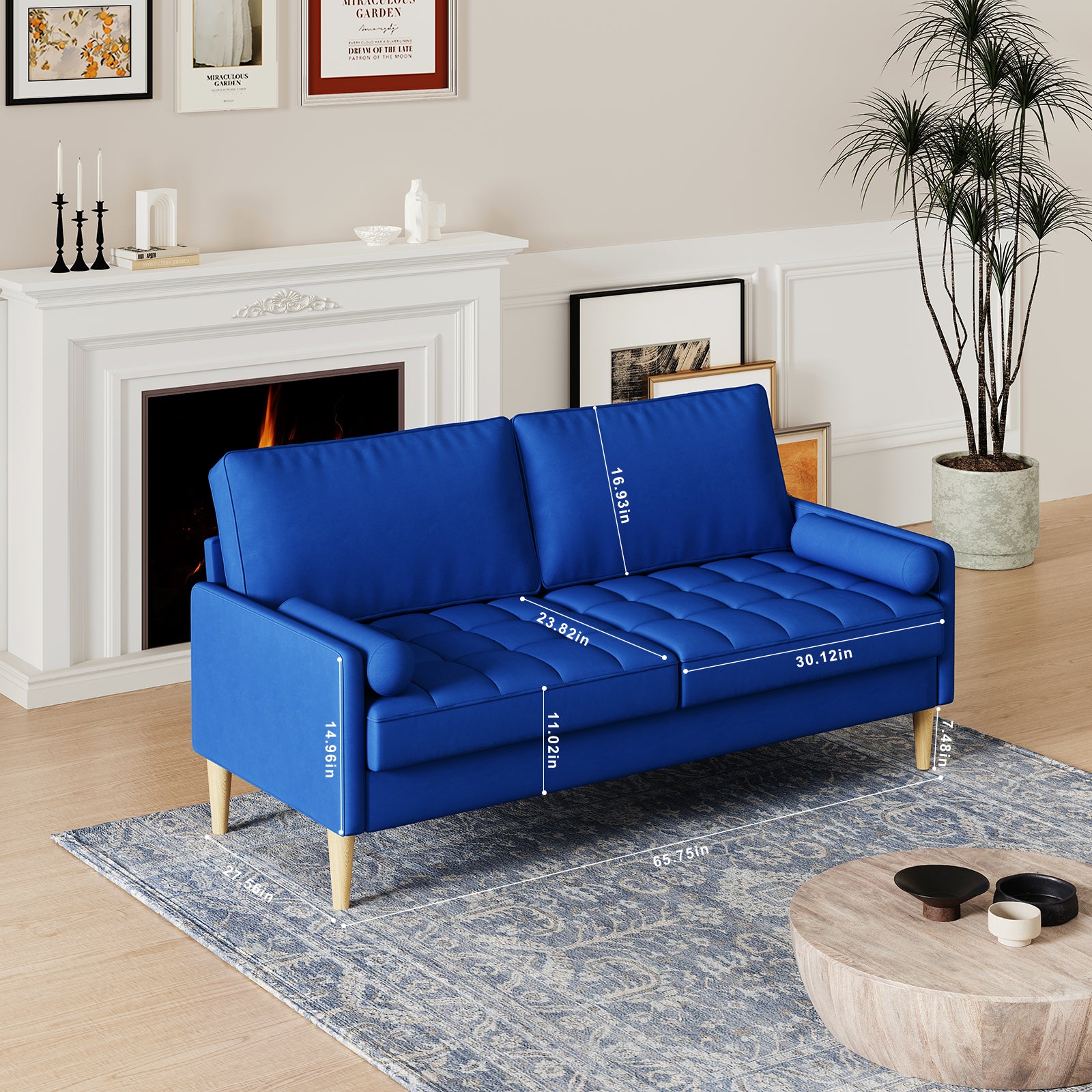 Roma 67.7'' 3 Seater Sofa Couch For Living Room, Modern Sofa,Small Couches For Small Spaces,Upholstered 3 Seater Couch For Bedroom, Apartment, Home Office, Tool Free Assembly,Blue Blue Velvet Wood