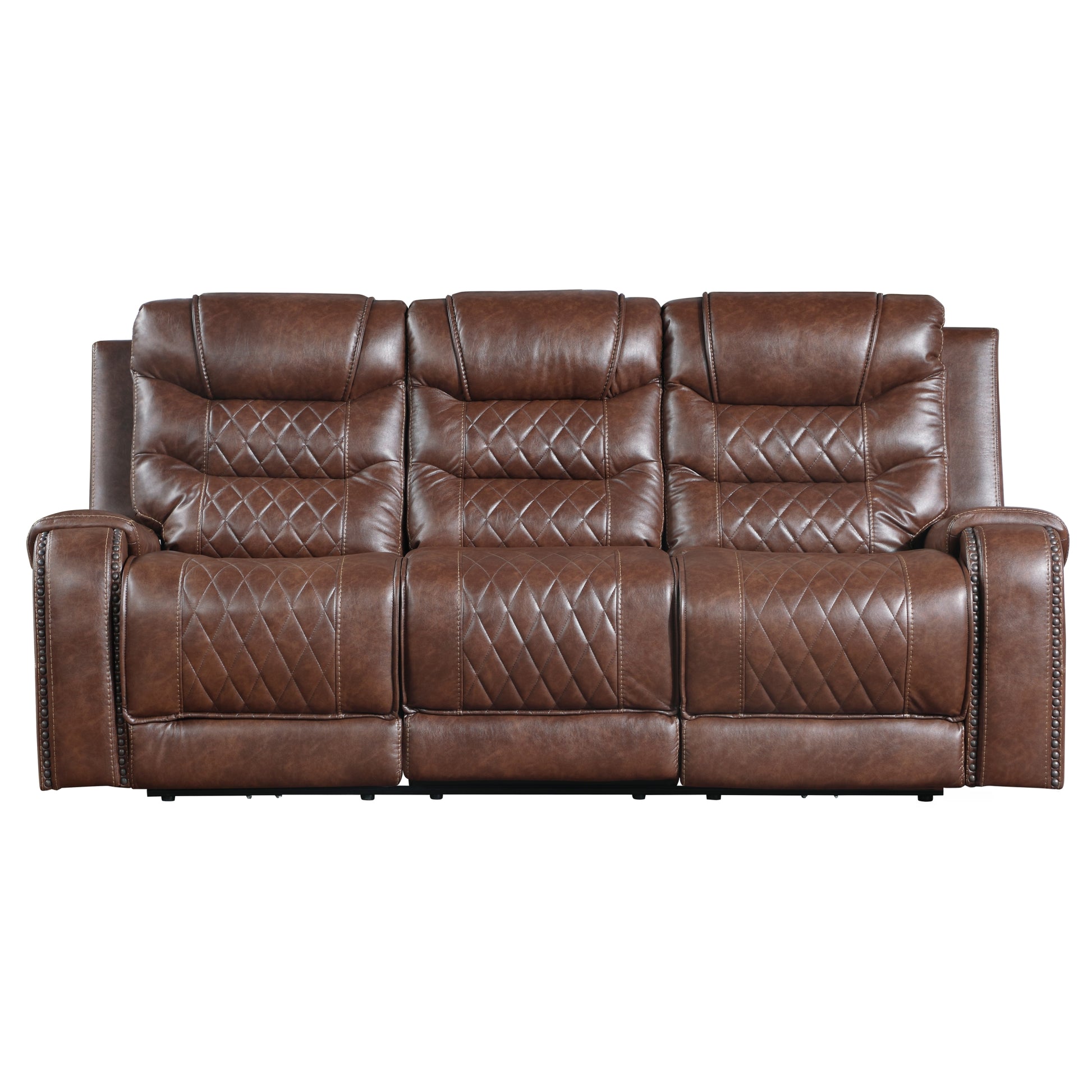 Luxurious Living Room Furniture Brown Diamond Pattern Stitching 1Pc Power Double Reclining Sofa With Center Drop Down Cup Holders, Usb Ports,Faux Leather Upholstery Brown Faux Leather Wood Primary Living Space Luxury,Modern Solid Wood 3 Seat
