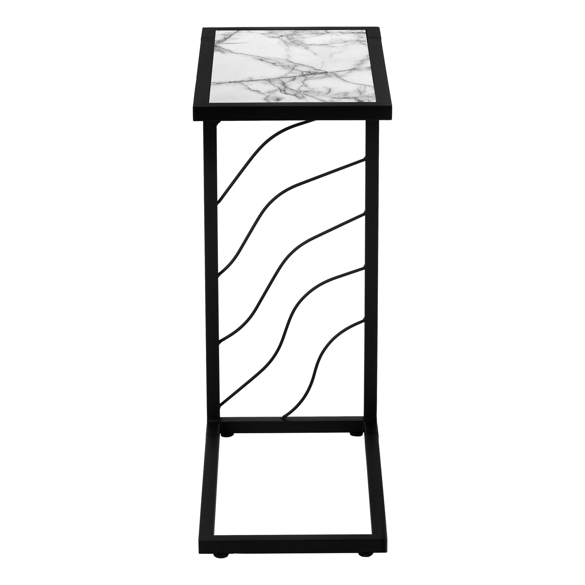 Accent Table, C Shaped, End, Side, Snack, Living Room, Bedroom, White Marble Look Laminate, Black Metal, Contemporary, Modern White Metal