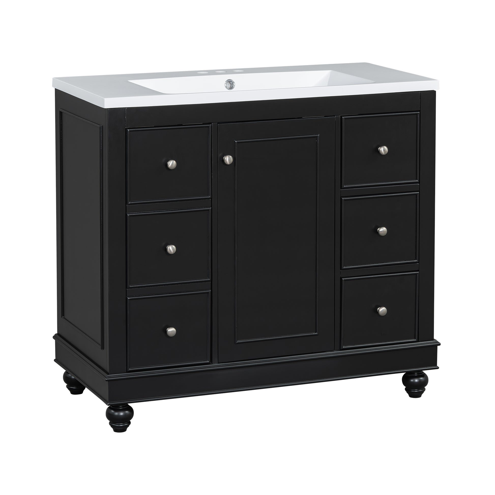 Contemporary Black Bathroom Vanity Cabinet 36X18X34 Inches, 4 Drawers & 1 Cabinet Door, Multipurpose Storage, Resin Integrated Sink, Adjustable Shelves, Solid Wood Frame With Mdf Black Bathroom