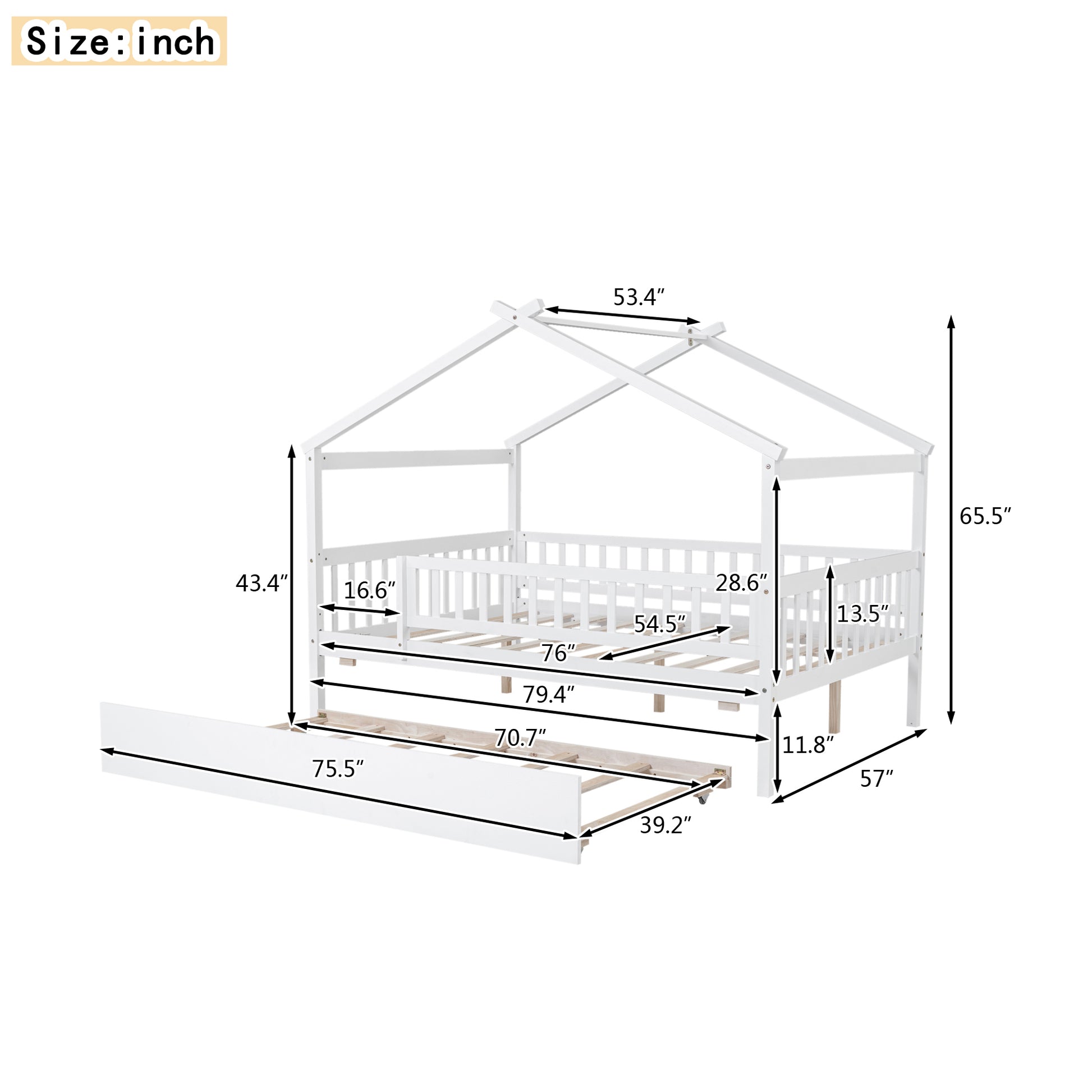Full Size Wooden House Bed With Twin Size Trundle, White Full White Solid Wood Mdf