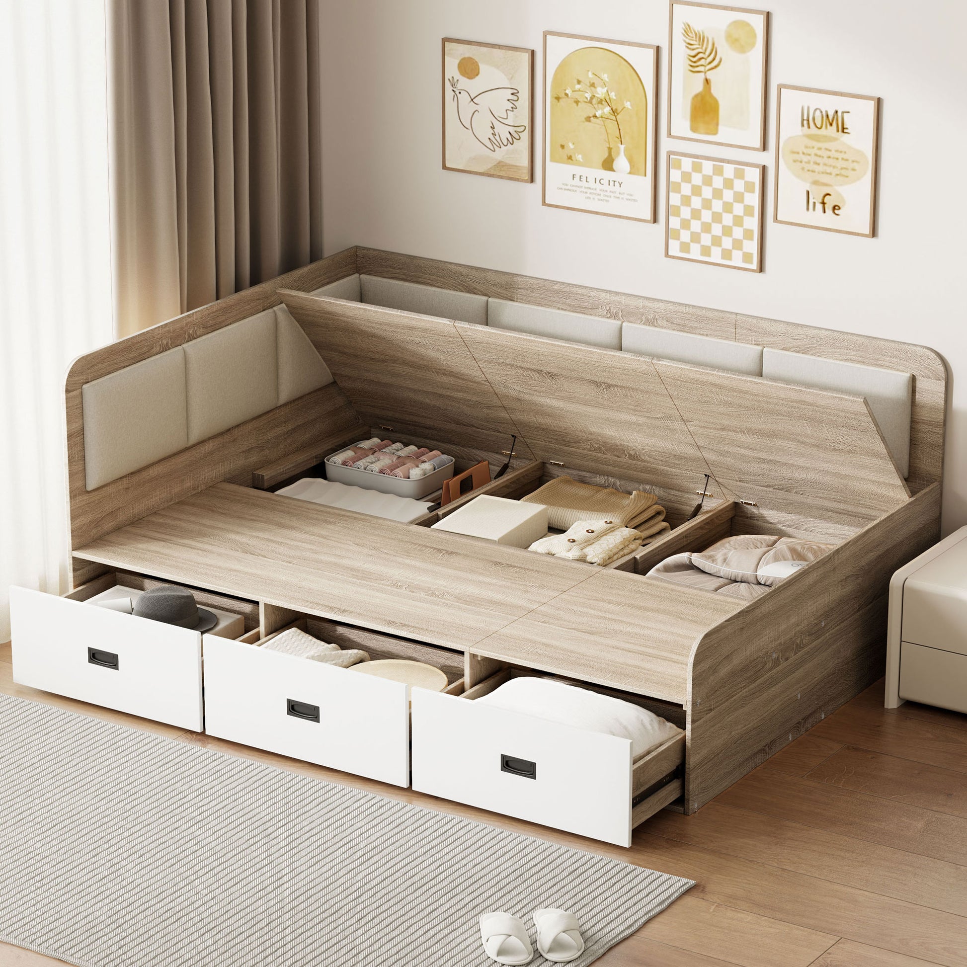 Full Size Daybed With Three Drawers And Three Storage Compartments, Nature Beige Full Beige Natural Mdf