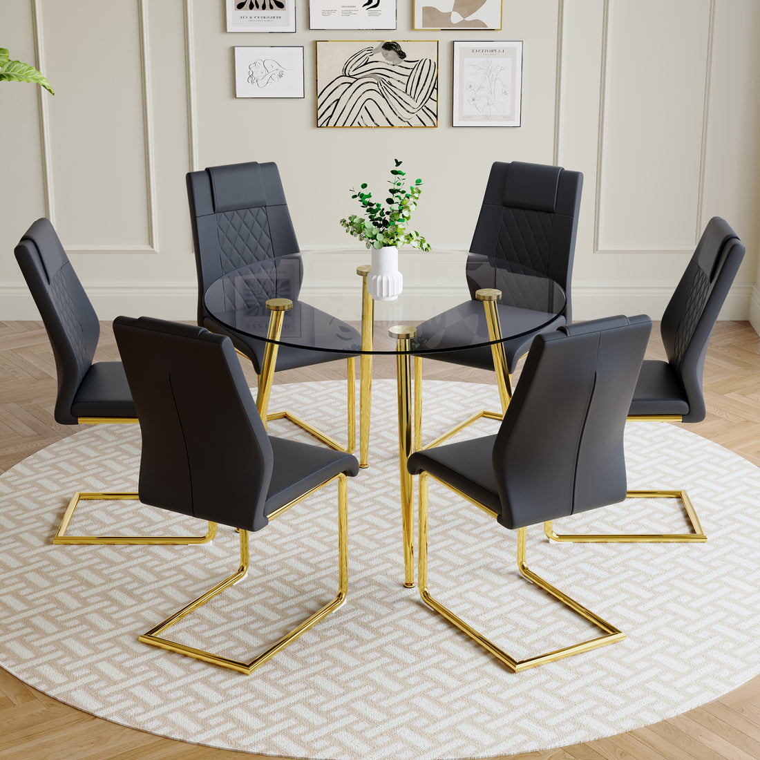 A Modern Minimalist Style Round Transparent Tempered Glass Table With Gold Metal Legs, Paired With 6 Modern Pu Leather High Back Dining Chairs ,Bring A Luxurious Experience. Black Seats 6 Glass Metal