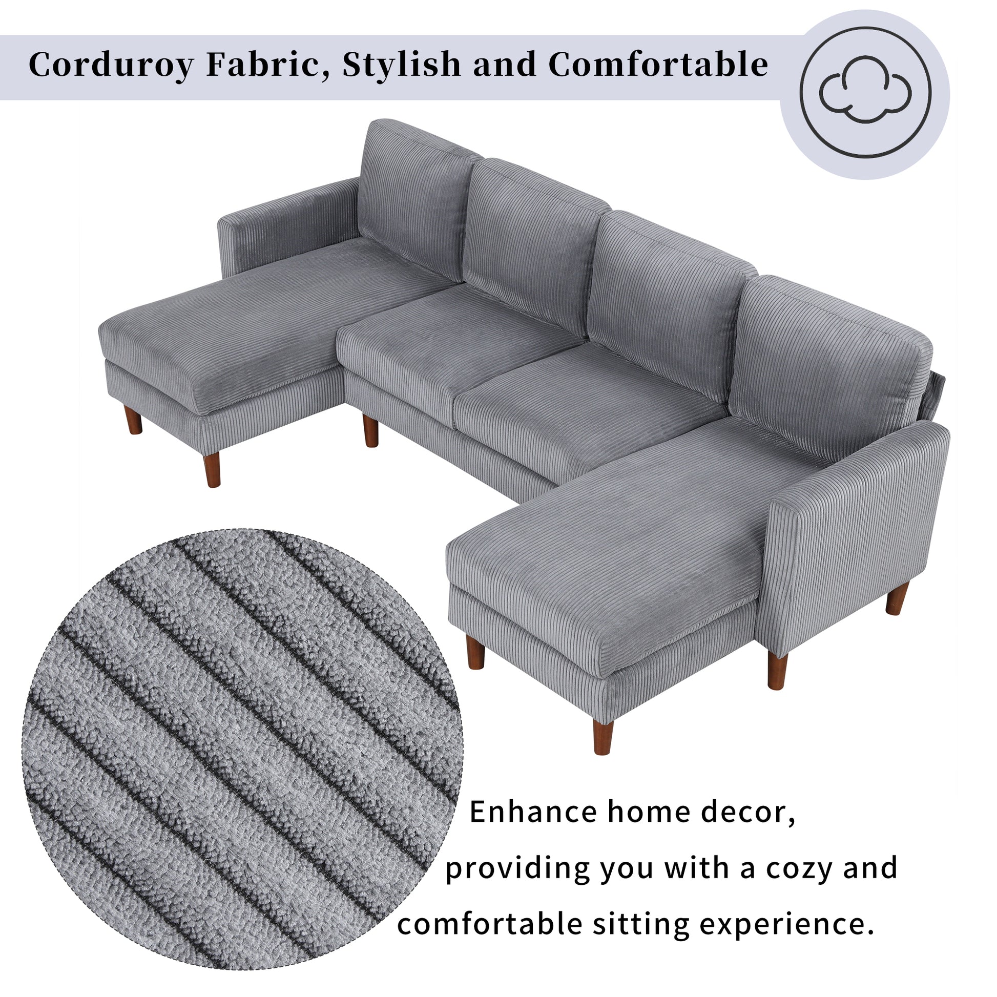 U Shaped Sponge Filled Cushion Combination Sofa, Suitable For Living Rooms, Studies, And Spacious Spaces Gray Polyester 4 Seat