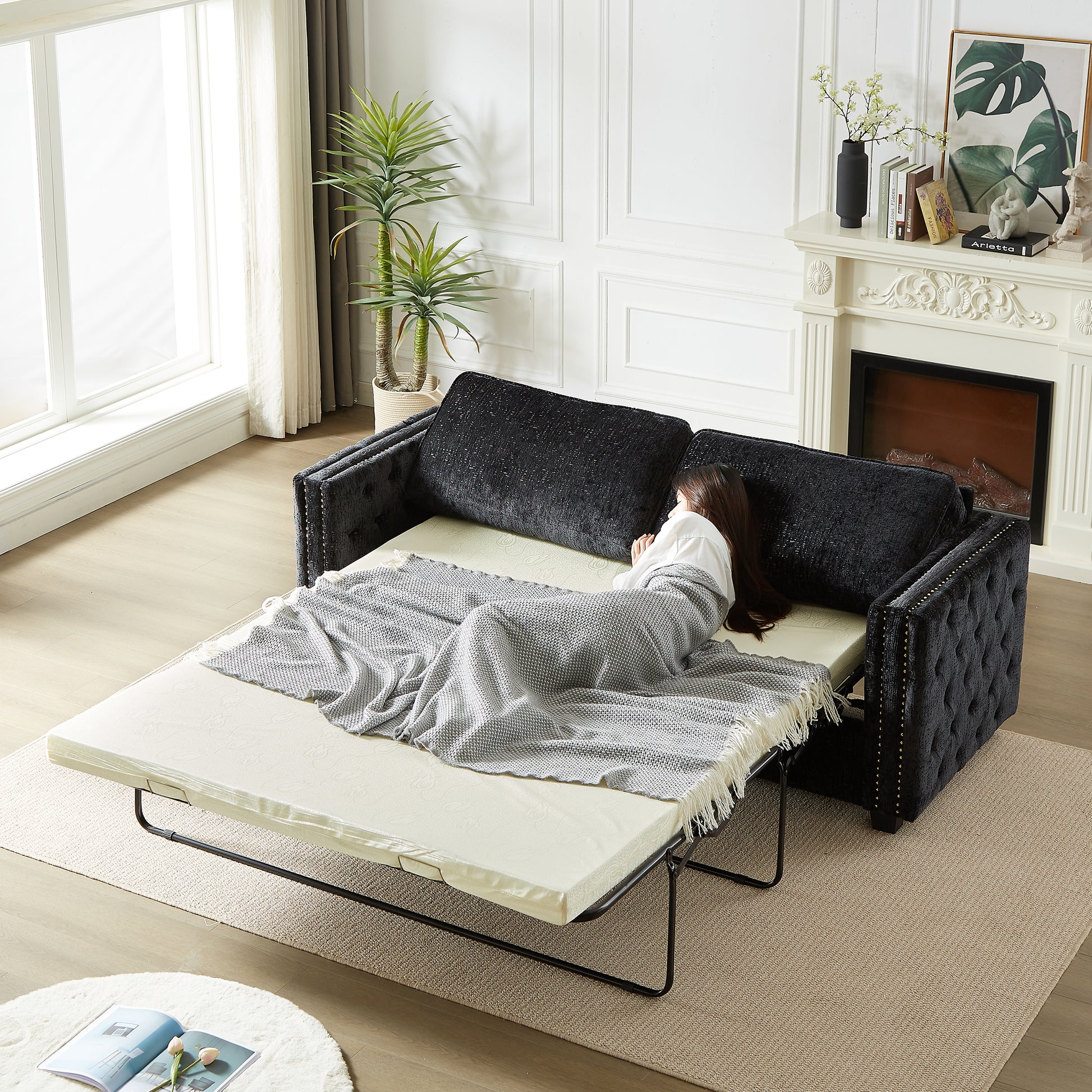 Convertible Sleeper Sofa With Memory Foam Mattress, 3 Seater Full Size Bed Couch For Living Rooms, Designed With Chenille Fabric Black Chenille 3 Seat