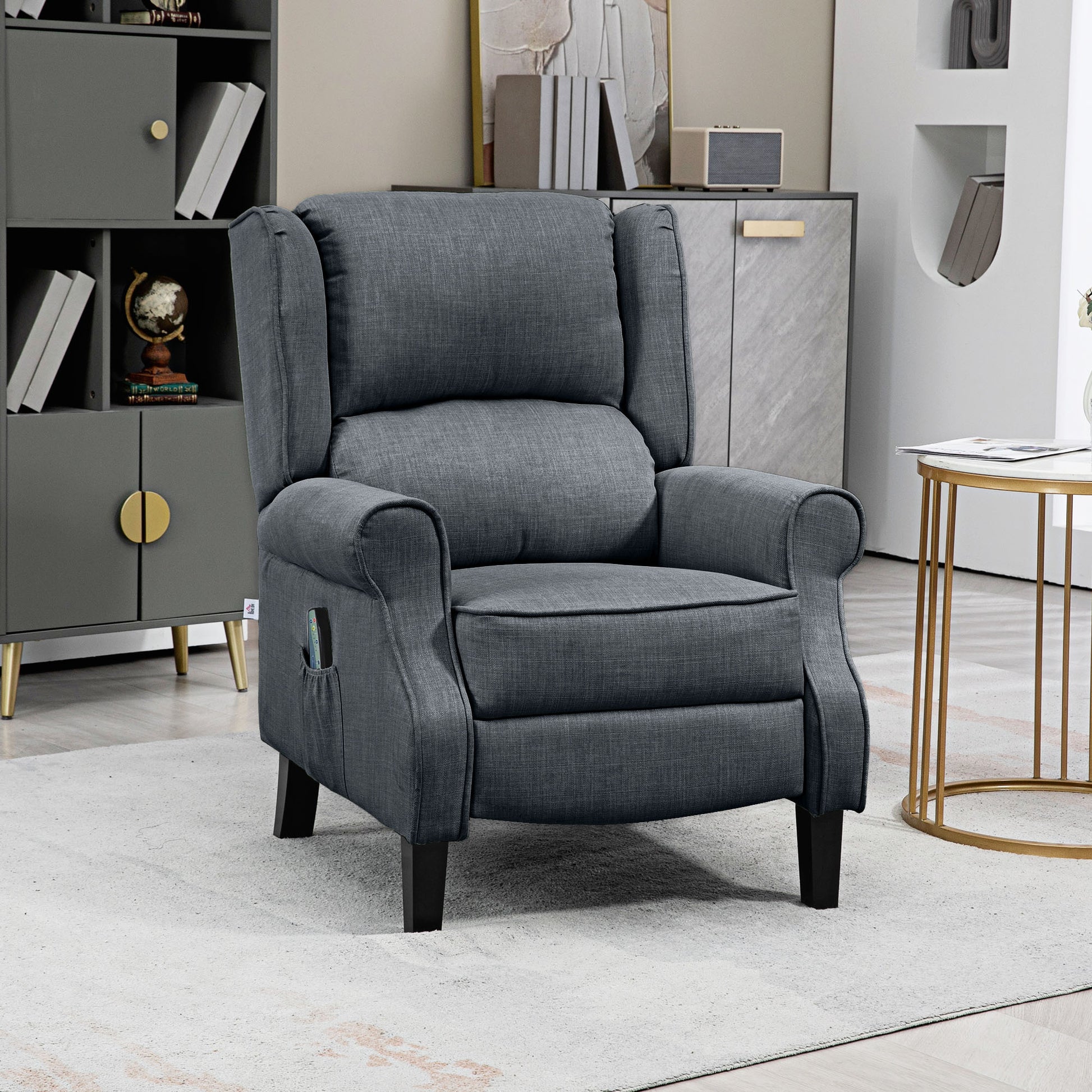 Homcom Vibrating Massage Recliner Chair For Living Room, Reclining Wingback Single Sofa With Heat, Linen Fabric Push Back Accent Chair With Footrest, Side Pocket, Charcoal Gray Charcoal Grey Linen