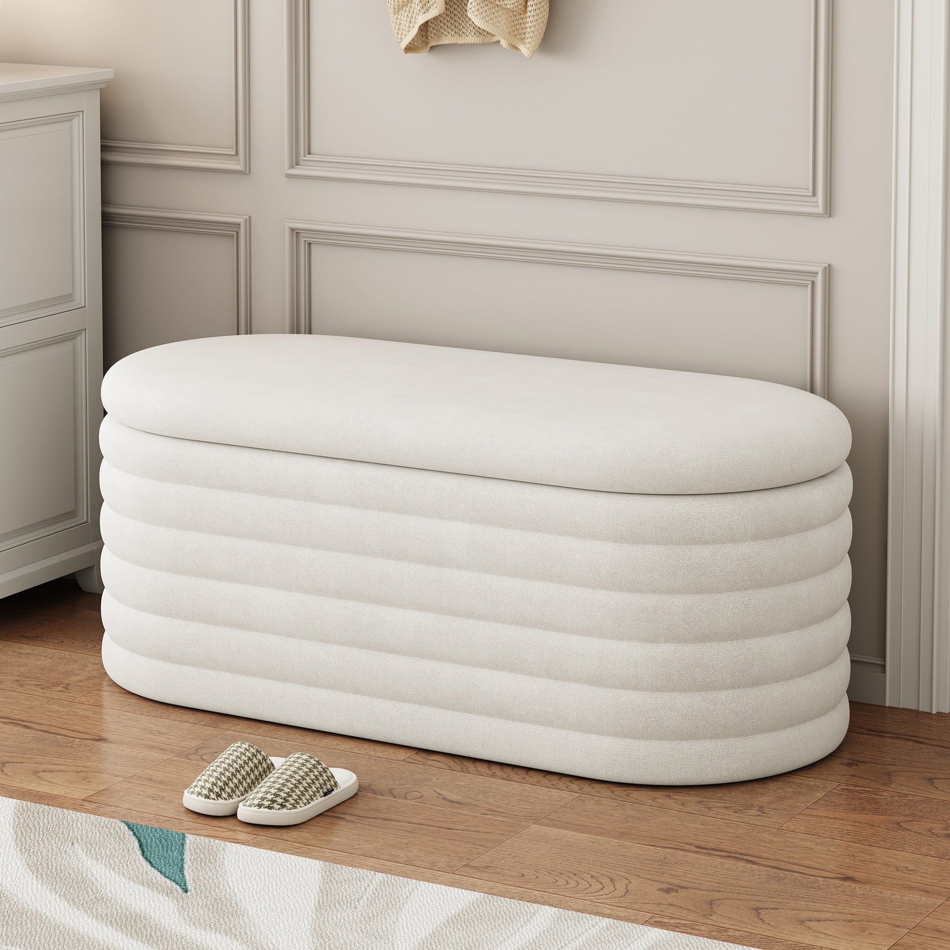 Storage Chenille Ottoman Bench Upholstered Fabric Storage Bench End Of Bed Stool With Safety Hinge For Bedroom, Living Room, Entryway, Closet 40 Inch, White White Contemporary Polyurethane Foam