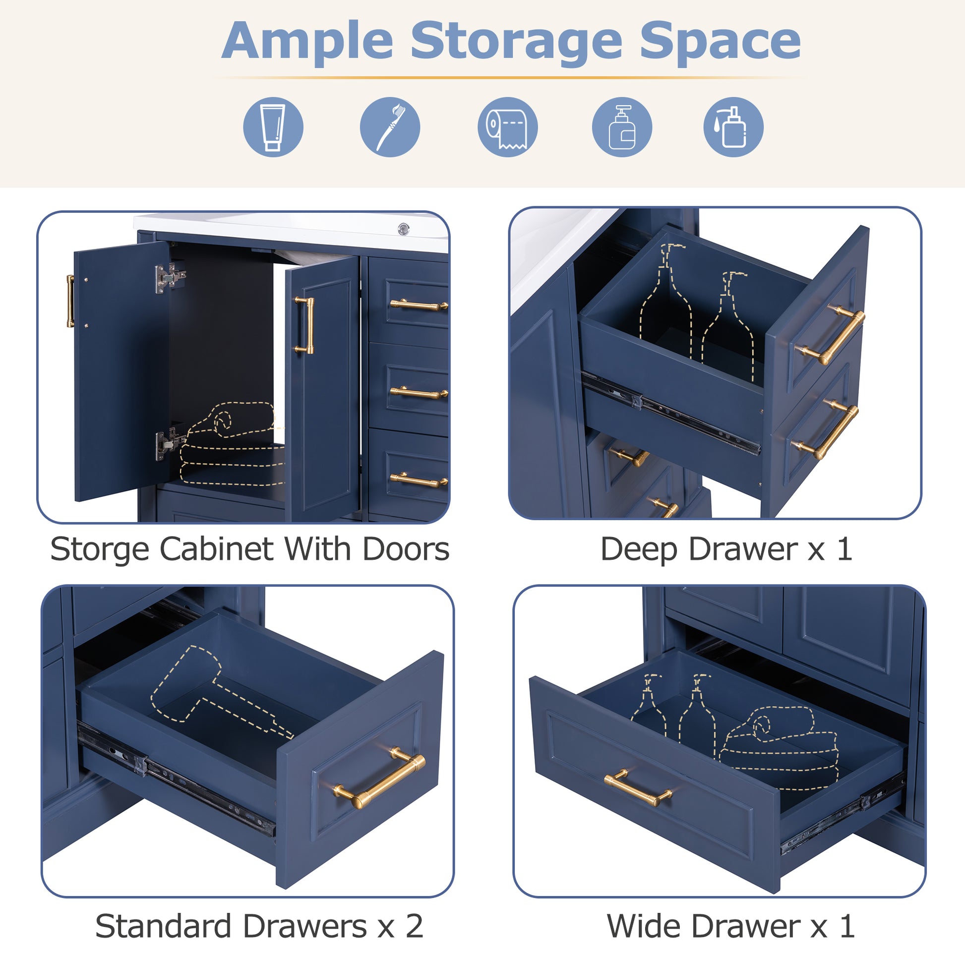 36 Inch Traditional Bathroom Vanity With Resin Sink Combo Set, Blue Bathroom Cabinet With Two Doors And Four Drawers Blue Bathroom Solid Wood Mdf Resin