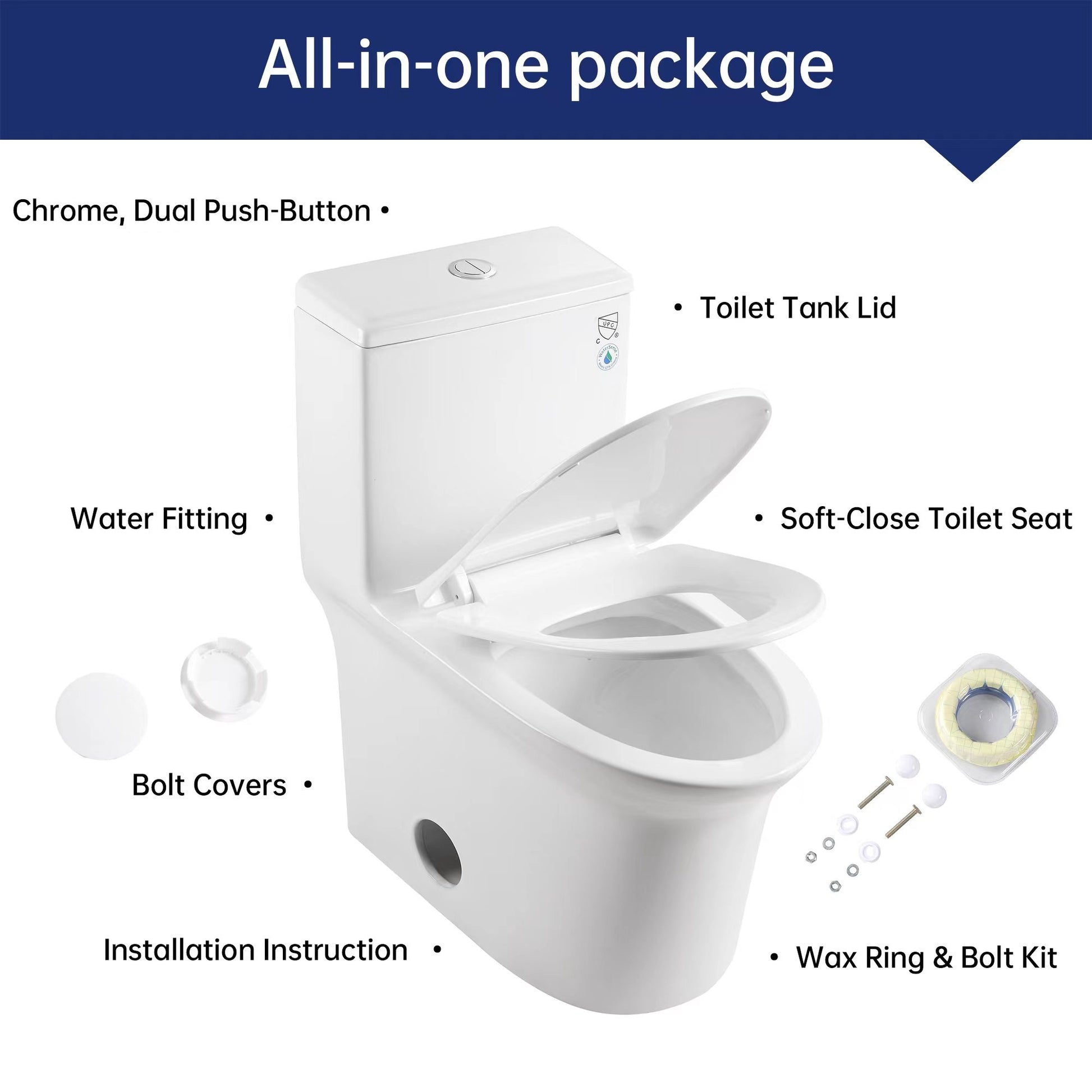 1.1 1.6 Gpf Elongated Comfort Height Super Quite Flushing Floor Mounted One Piece Toilet, Cupc Certified, Watersense Cetified, Ceramic, White Color, Soft Close Seat White Ceramic