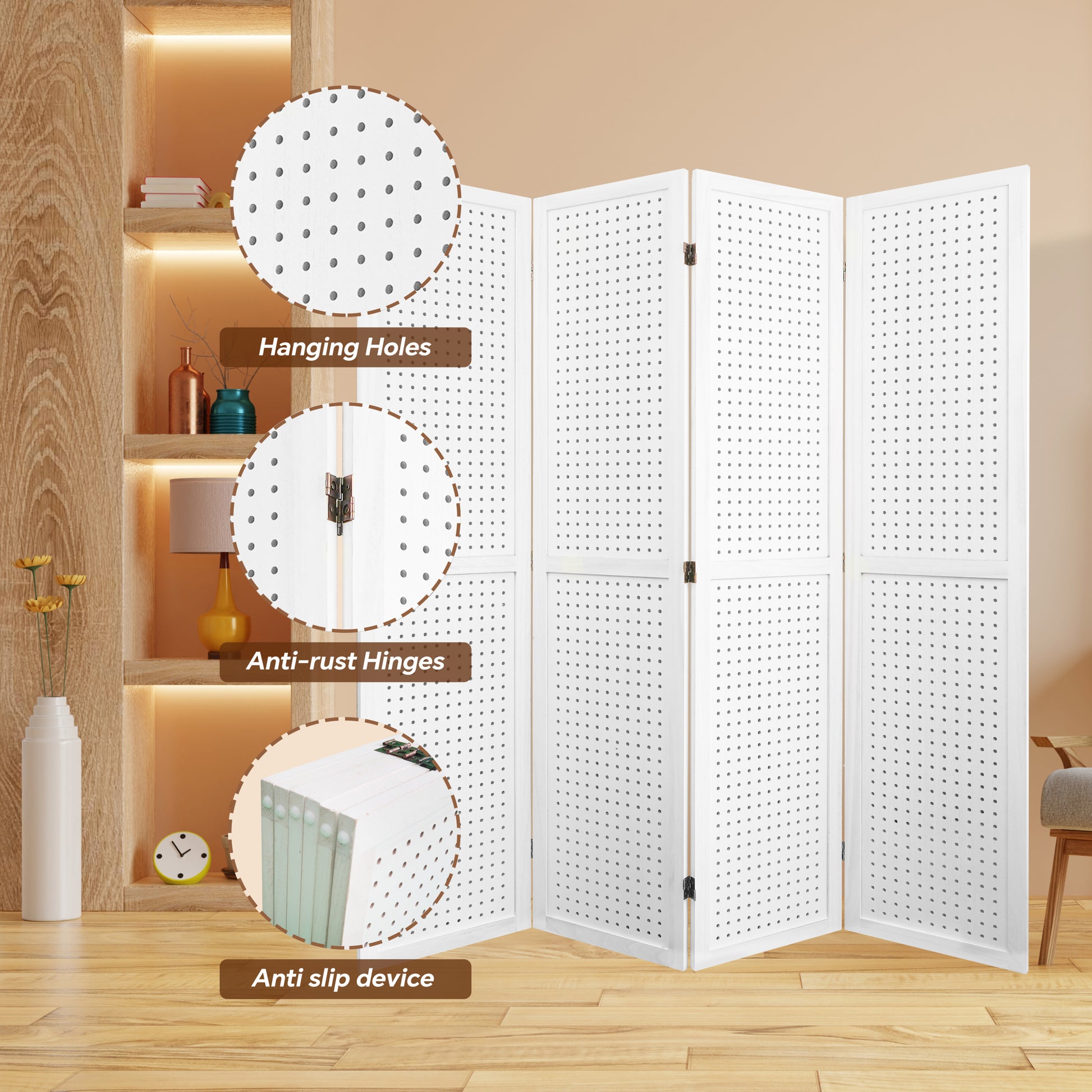 4 Panel Room Divider, 5.6Ft Pegboard Display Wooden Room Divider Folding Privacy Screen Room Divider Freestanding Peg Board Display For Trade Show Craft Show Home Wall Organizer, Elegant White White Modern Wood