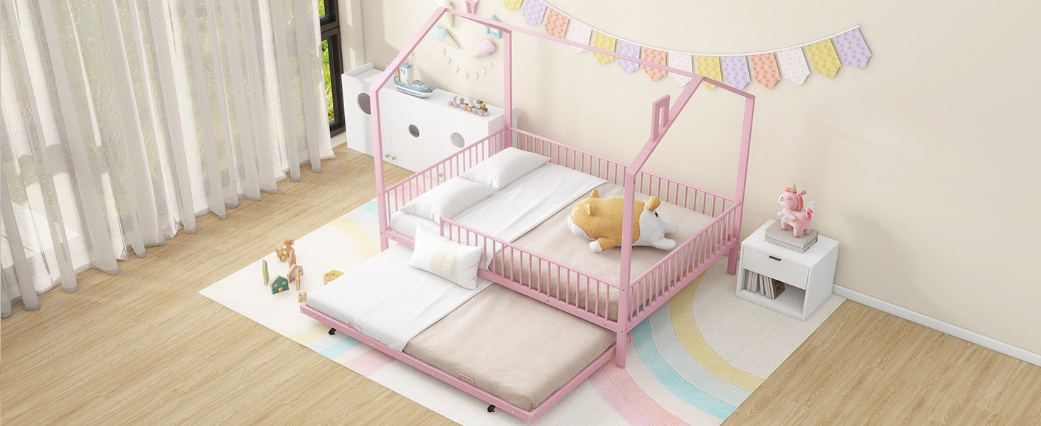 Full Size Metal House Bed With Fence, With Trundle, Pink Full Pink Metal