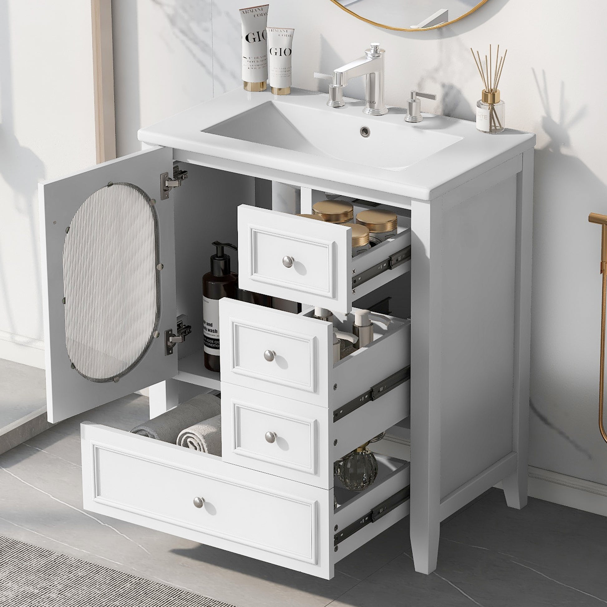 30" Bathroom Vanity With Sink, Bathroom Vanity Cabinet With Three Drawers And Door, Solid Wood And Mdf, White White Solid Wood Mdf