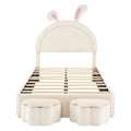 Twin Size Upholstered Rabbit Shape Bed With 2 Storage Stools, Velvet Platform Bed With Cartoon Ears Shaped Headboard, White Twin White Wood