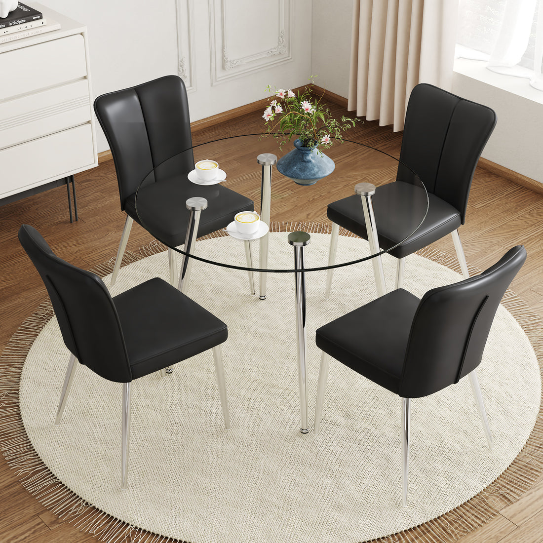 Table And Chair Set.A Modern Minimalist Round Dining Table With Transparent Tempered Glass Top And Silver Metal Legs,Paried With 4 Chairs With Pu Backrest And Seat Cushion And Silver Metal Legs. Black,Transparent Seats 4 Glass Metal