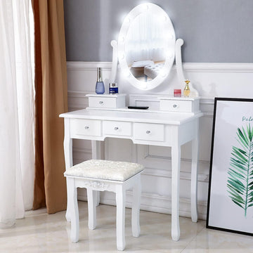 Vanity Desk And Stool Set, Vanity Mirror With Lights And Table Set, Small Vanity Table For Bedroom White Milk White Wood