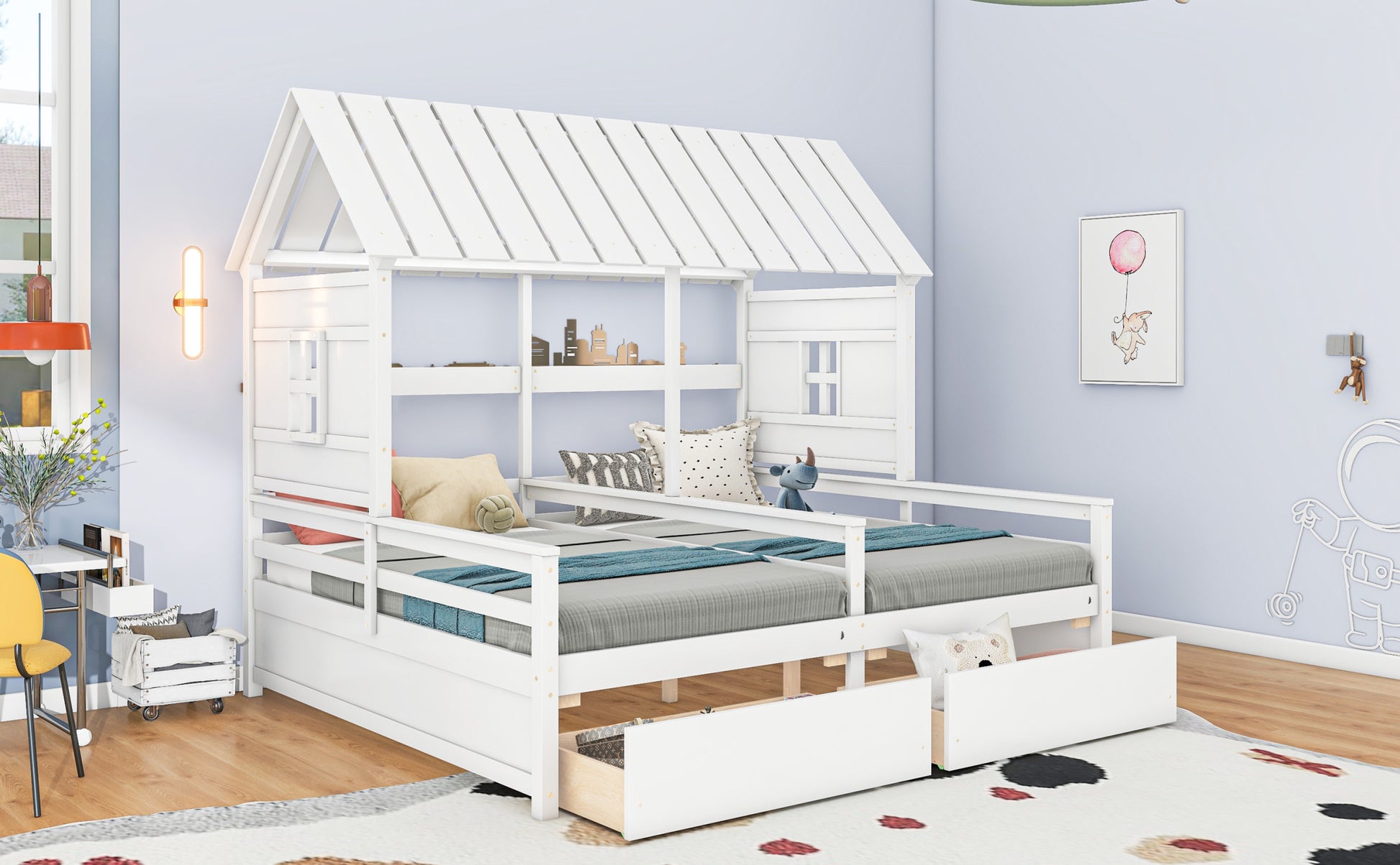 Twin Size House Platform Beds With Two Drawers For Boy And Girl Shared Beds, Combination Of 2 Side By Side Twin Size Beds,White Twin White Solid Wood Mdf