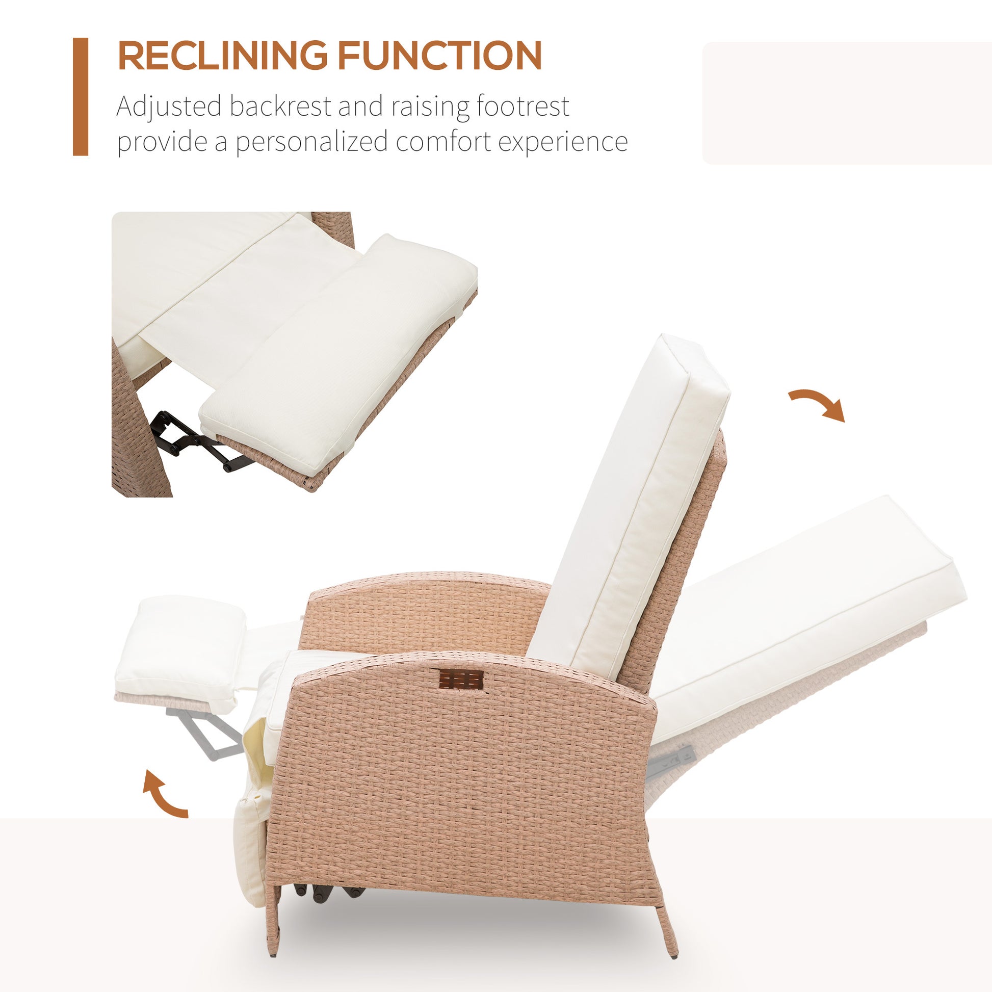 Outsunny Patio Recliner, Outdoor Reclining Chair With Flip Up Side Table, All Weather Wicker Metal Frame Chaise With Footrest, Cushions, Beige Beige Steel