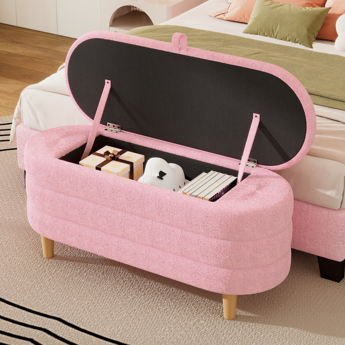 Elegant Upholstered Sherpa Fabric Storage Ottoman With Wood Legs, Storage Bench For Bedroom, Living Room, Pink Pink Wood