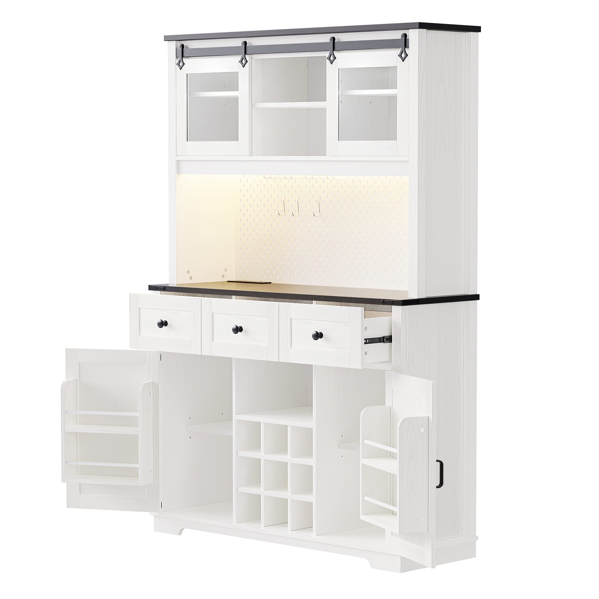 K&K 71" Farmhosue Pantry Bar Cabinet With Internal Storage Rack,Kitchen Cabinet With Hutch,Sliding Door,Power Outlet,Pegboard,Wine & Glasses Rack,3 Drawers,Rustic Coffee Bar Storage Cabinet,White Oak White Oak White Kitchen American Design,American