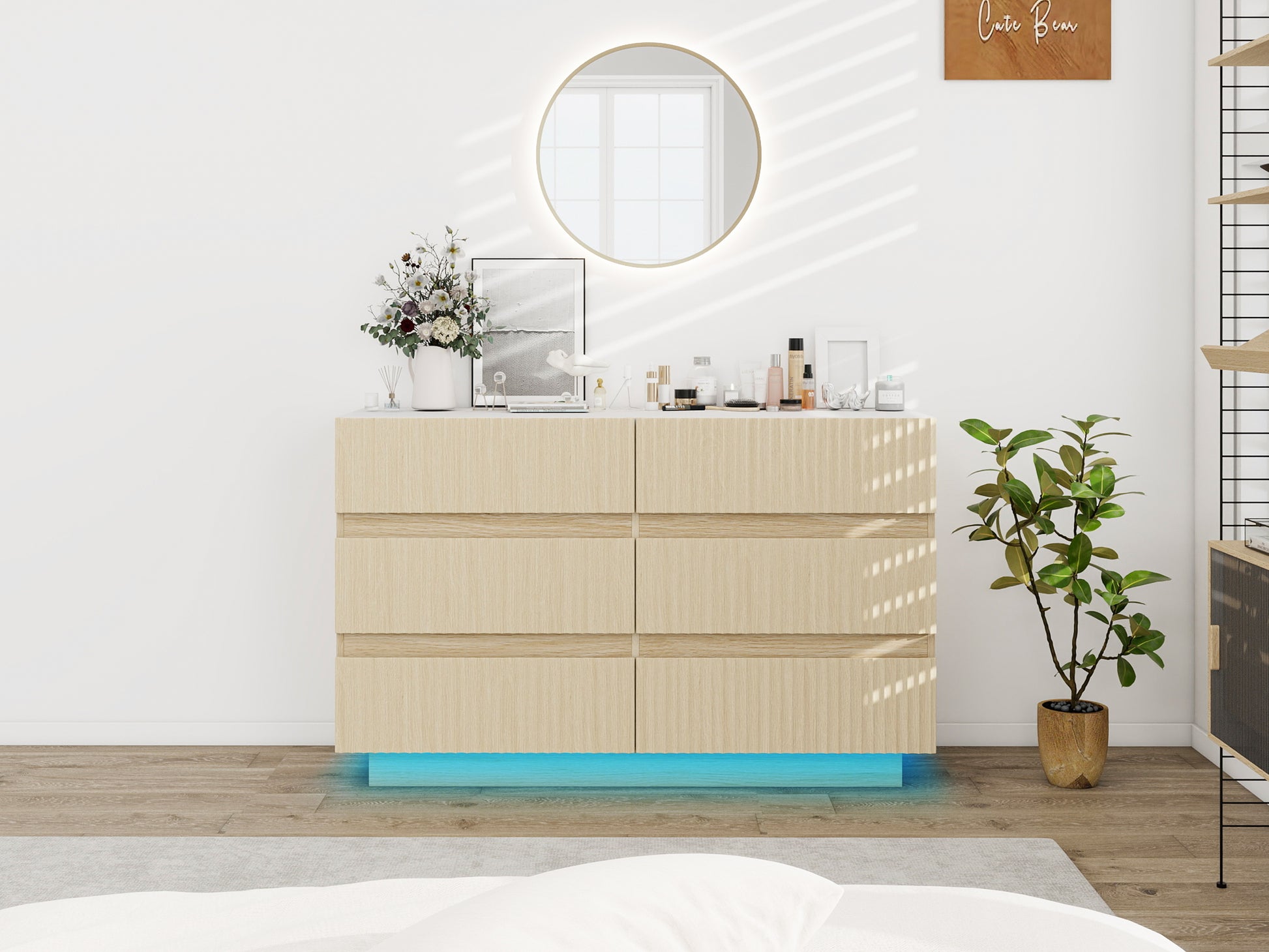 Fluted 6 Drawers Dresser ,Double Dresser Chest Of Drawers, 47.24" Modern Chest Of Drawers With Led ,Drawer Organizer For Bedroom, Living Room, Hallway Natural Primary Living Space Modern Particle