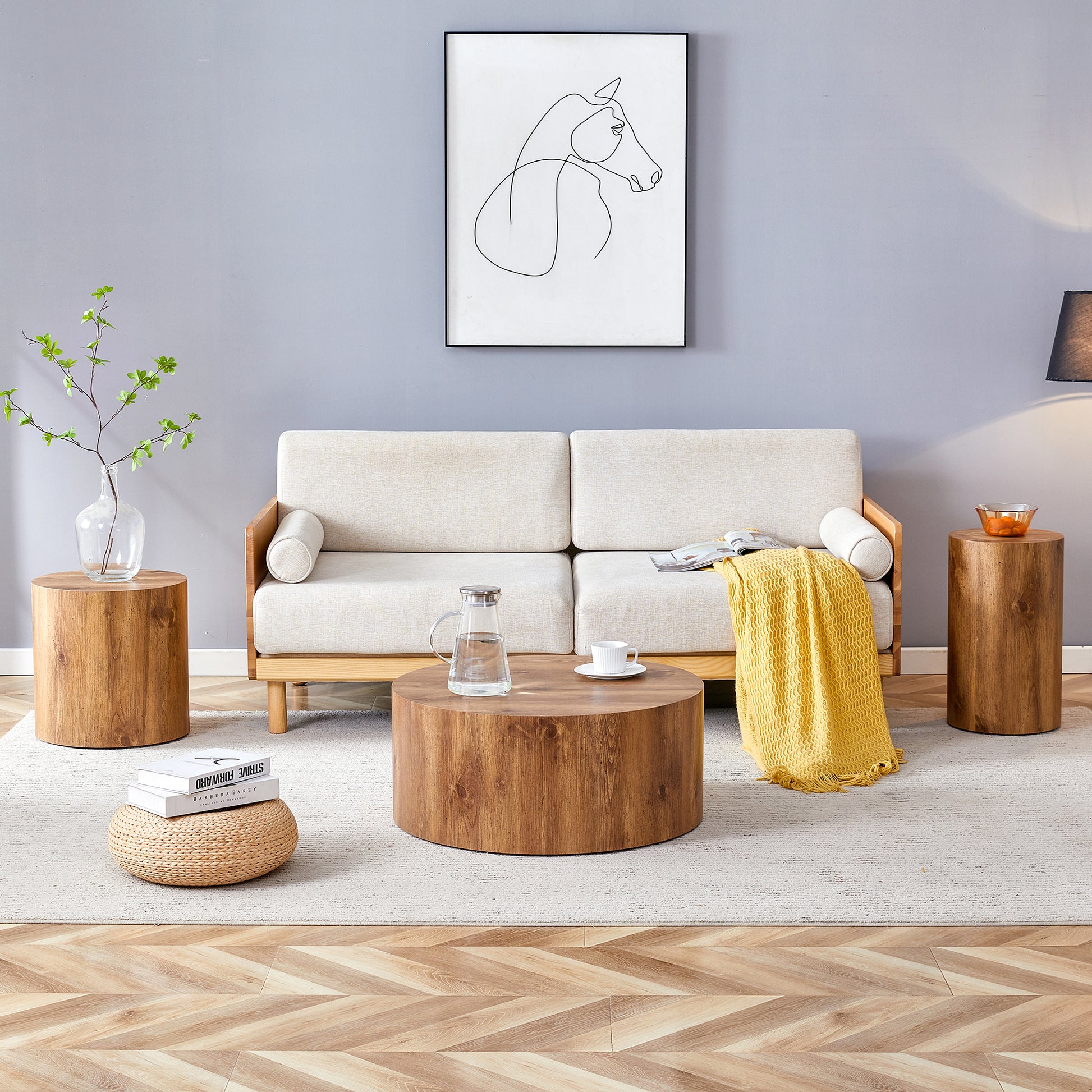 Modern Minimalist Set Of Three Wood Color Cylinder Marble Patterned Mdf Coffee Tables.The Cylindrical Table With Its Patterned Design Can Be Easily Integrated Into A Variety Of Interior Styles. Wood