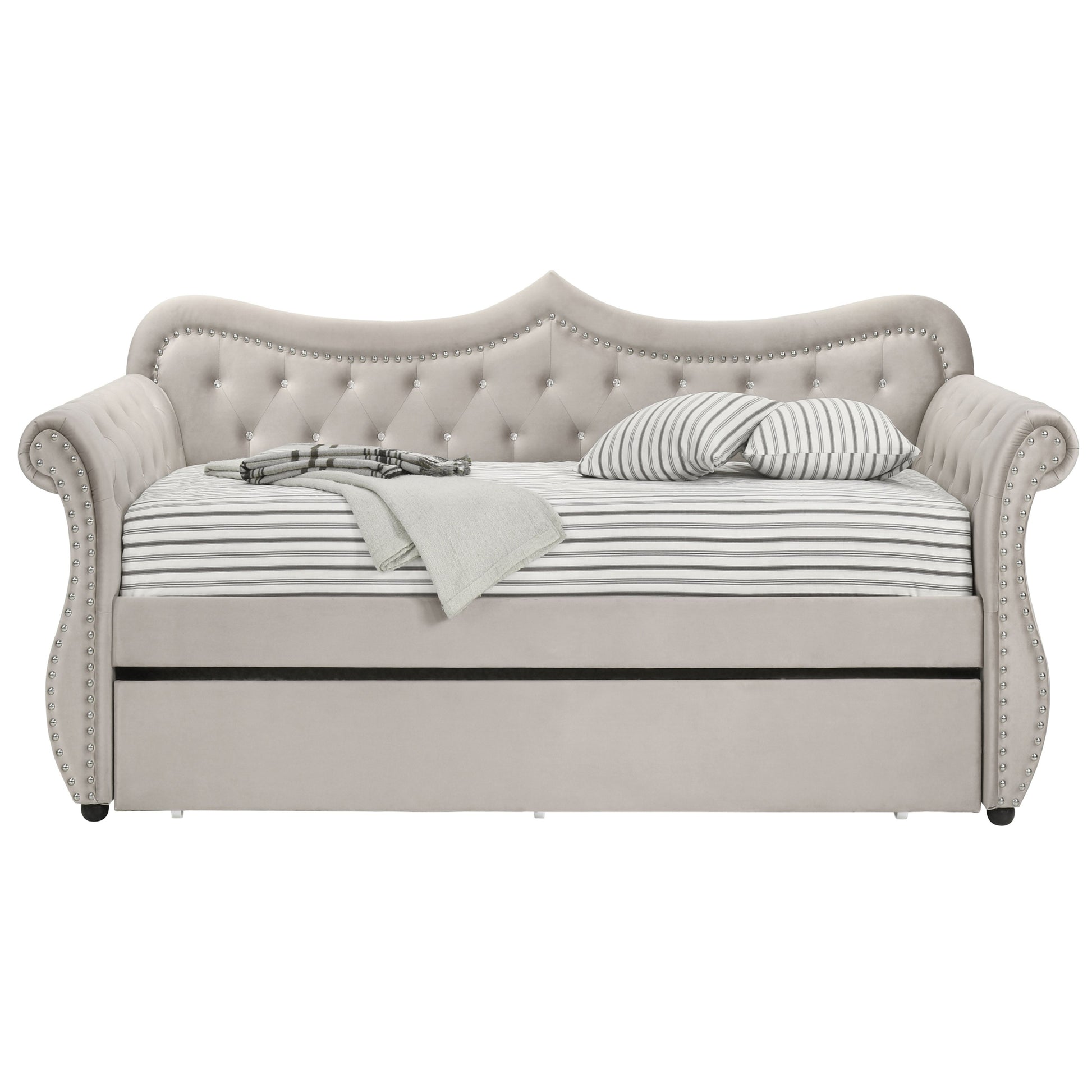 Beige Upholstered Twin Daybed With Trundle Twin Beige Wood Bedroom Velvet Velvet