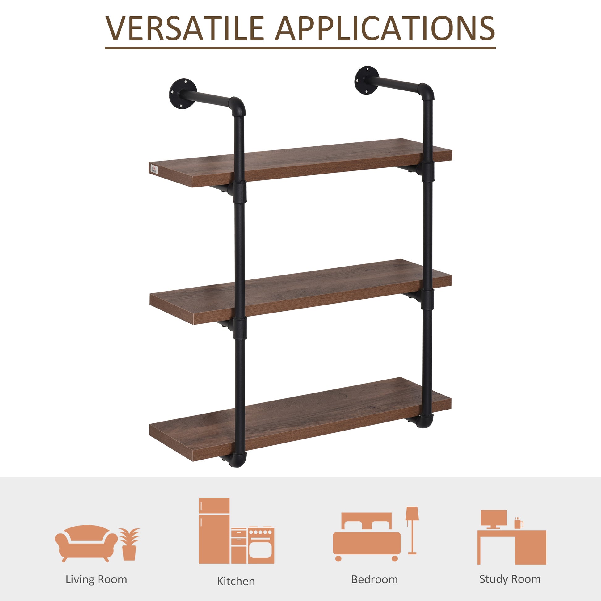 Homcom 3 Tier Industrial Pipe Shelves, Floating Wall Mounted Bookshelf, Metal Frame Display Rack For Living Room Or Bedroom, Rustic Brown Brown Mdf