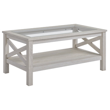 Homcom Farmhouse Style Coffee Table With Wood Frame, Tempered Glass Tabletop And Underneath Storage Shelf, Side Table For Living Room, 39.25"X21.75", White Oak White Oak Mdf