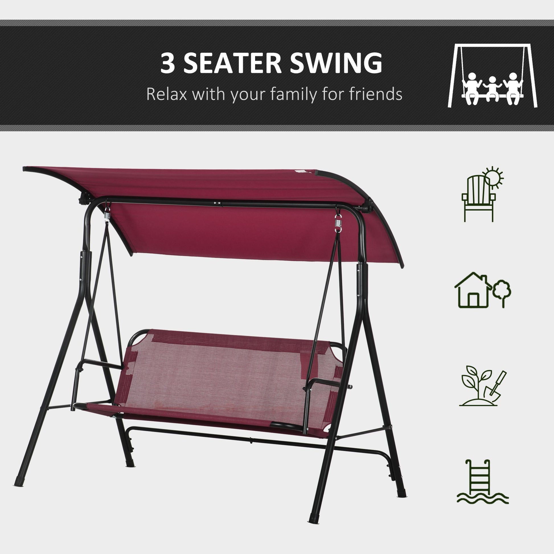 Outsunny 3 Person Porch Swing Bench With Stand & Adjustable Canopy, Armrests, Steel Frame For Outdoor, Garden, Patio, Porch & Poolside, Wine Red Red Steel