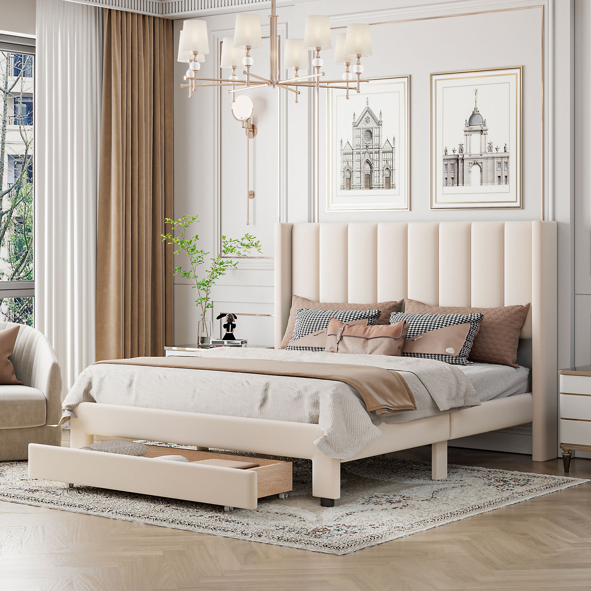 Queen Size Storage Bed Velvet Upholstered Platform Bed With A Big Drawer Beige Old Sku:Wf296854Aaa Queen Beige Velvet