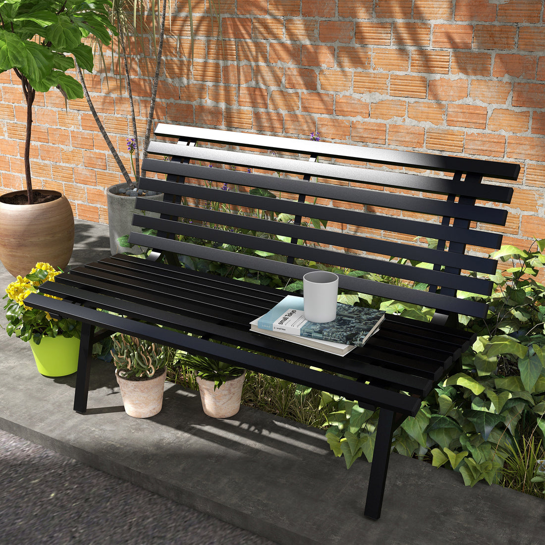 Outsunny 48.5" Garden Bench, Outdoor Patio Bench, Lightweight Aluminum Park Bench With Slatted Seat For Lawn, Park, Deck, Black Black Aluminum