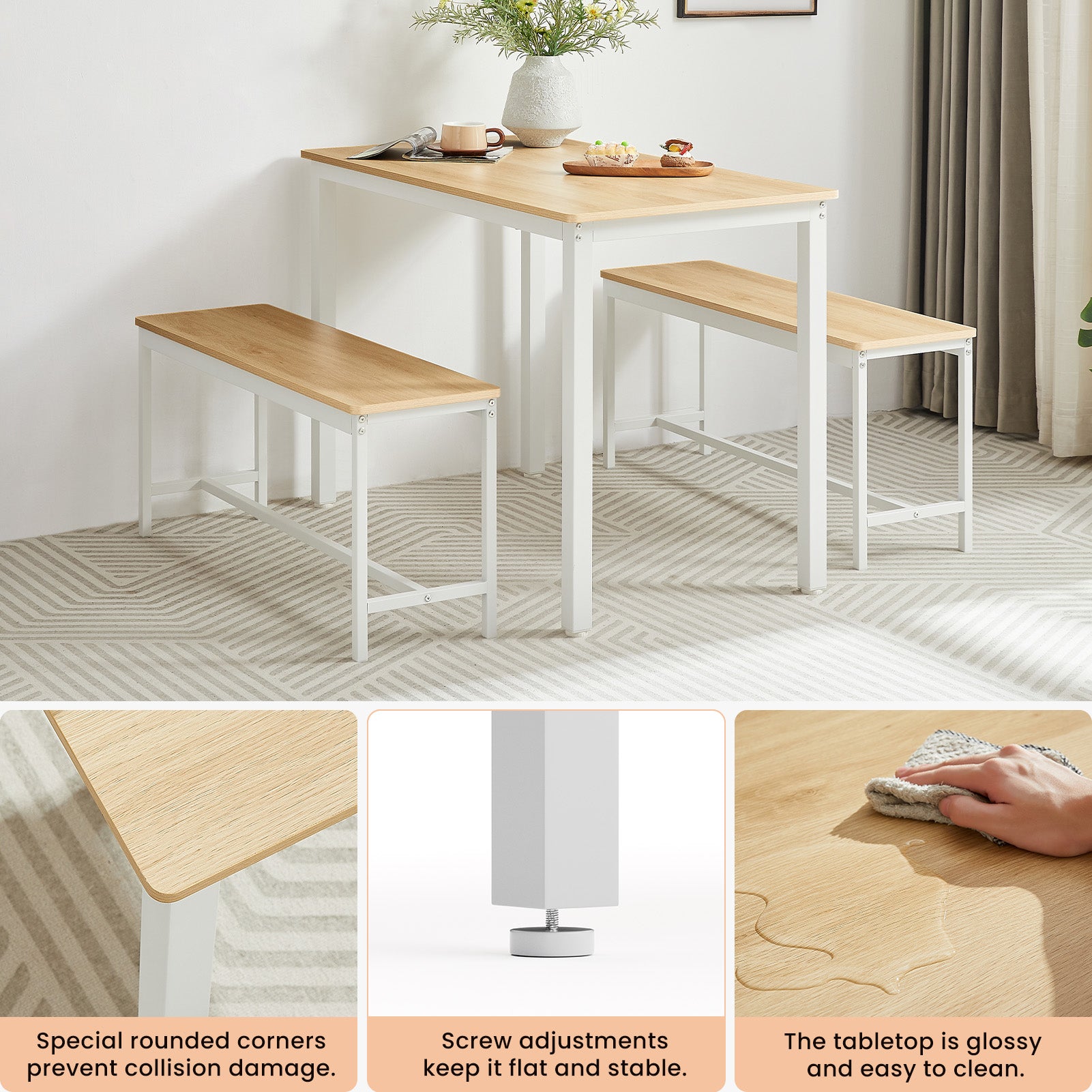 Dining Table Set, Bar Table With 2 Dining Benches, Kitchen Table Counter With Chairs, Industrial For Kitchen Breakfast Table, Living Room, Party Room, Natural And White43.3 L X23.6 W X 29.9 H White Natural Particle Board