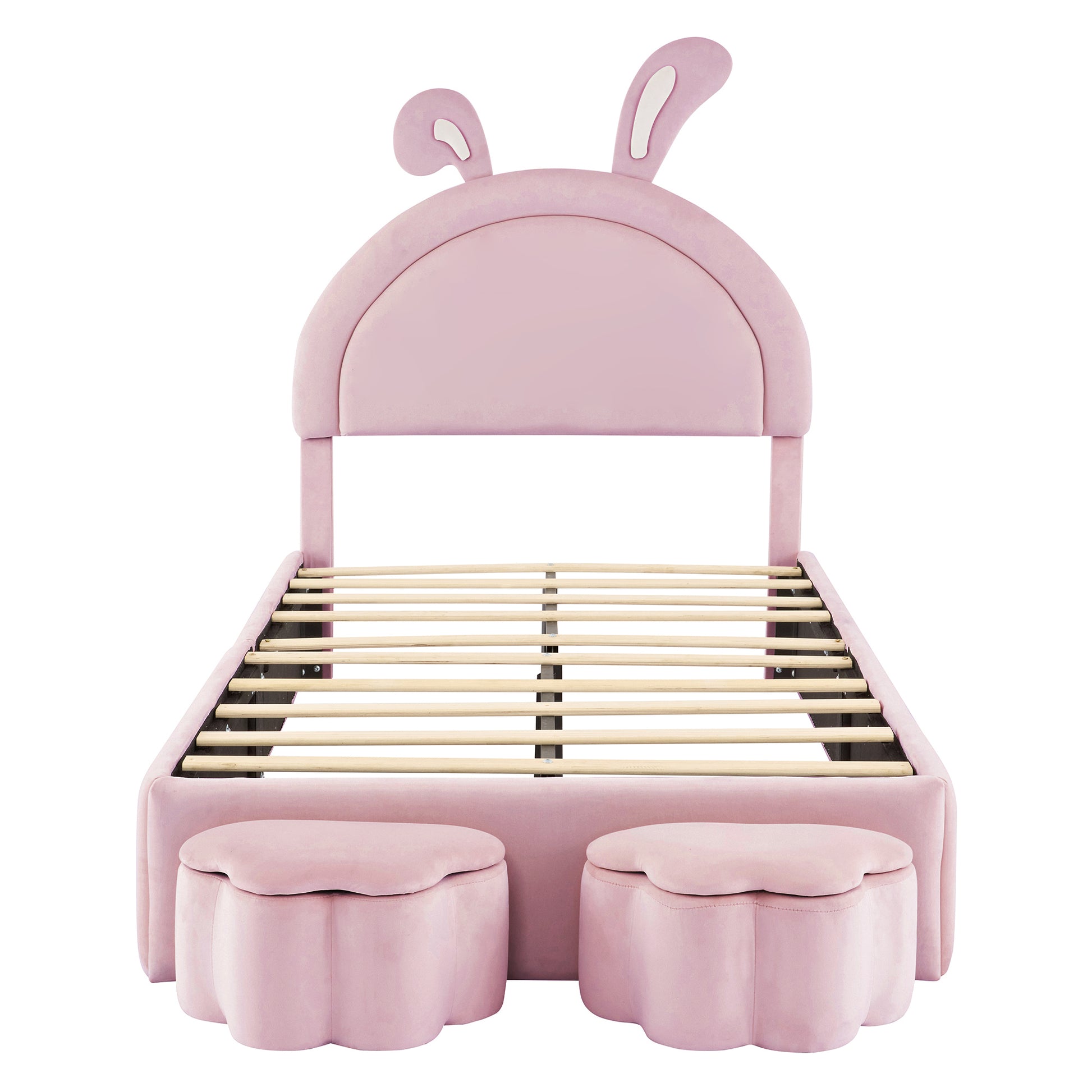 Twin Size Upholstered Rabbit Shape Bed With 2 Storage Stools, Velvet Platform Bed With Cartoon Ears Shaped Headboard, Pink Twin Pink Wood