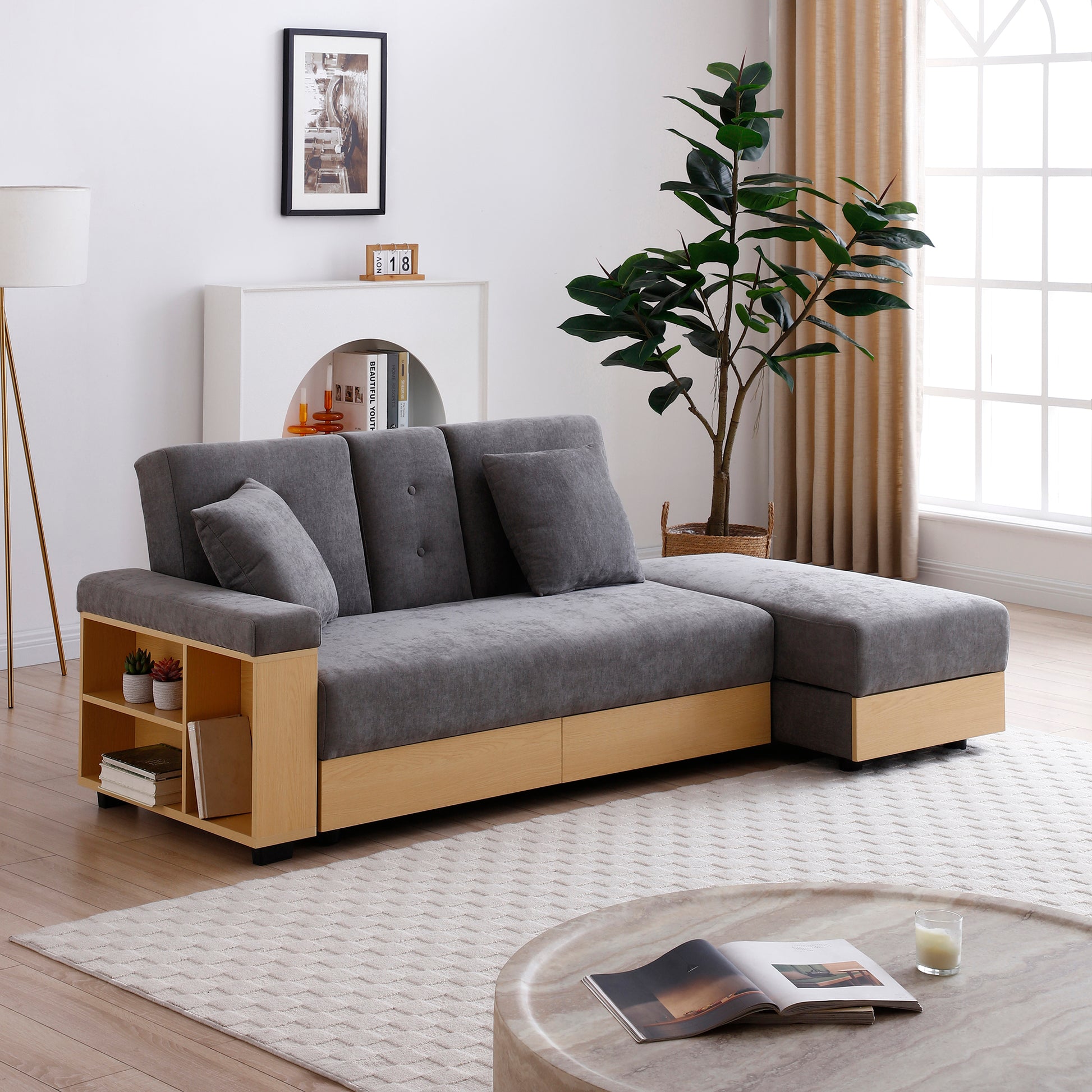 Convertible Sleeper Sofa Couch,Multifunctional Double Folding Sofa Bed,Storage Ottoman And Sofa Arm With Box And Drawer, Drop Down Table With 2Cup Holders For Living Room,Apartment,Office,Grey Grey Linen Wood Primary Living Space Modern Foam Cotton Linen